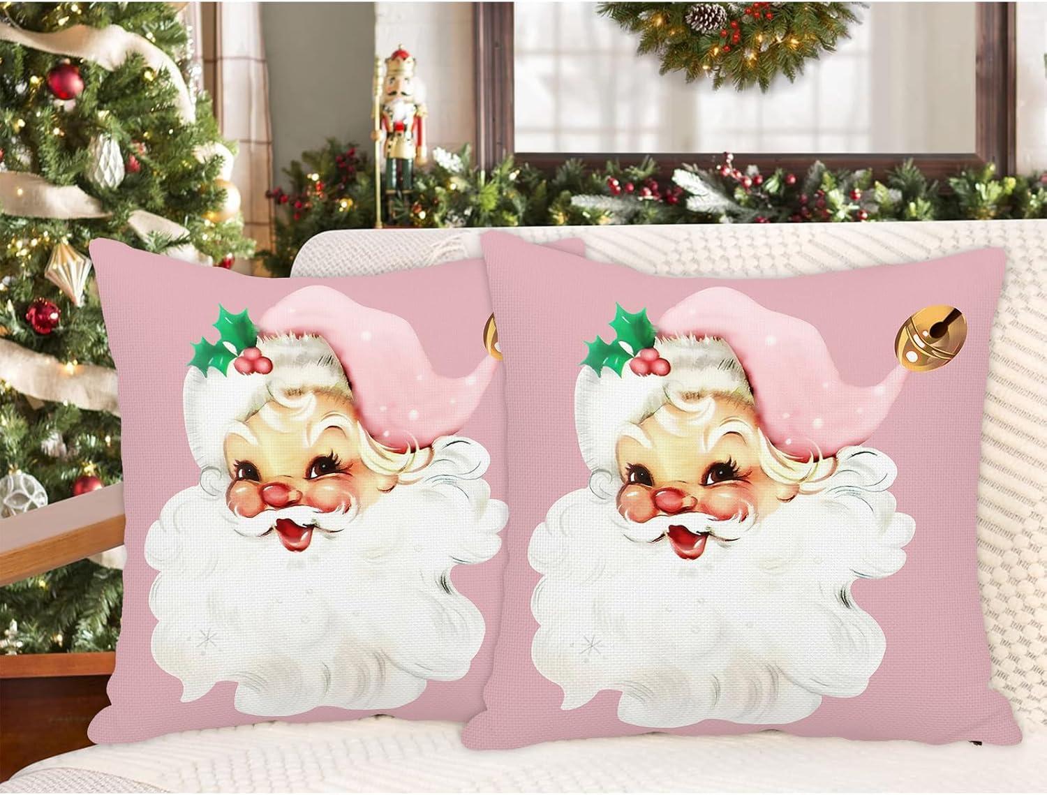 Vintage Santa Claus Christmas Pillow Cover 18x18 Inch, Pink Striped Retro Holiday Cushion for Winter Home Decor, Festive Throw Pillow for Living Room, Bedroom, Sofa Decoration(Pink)