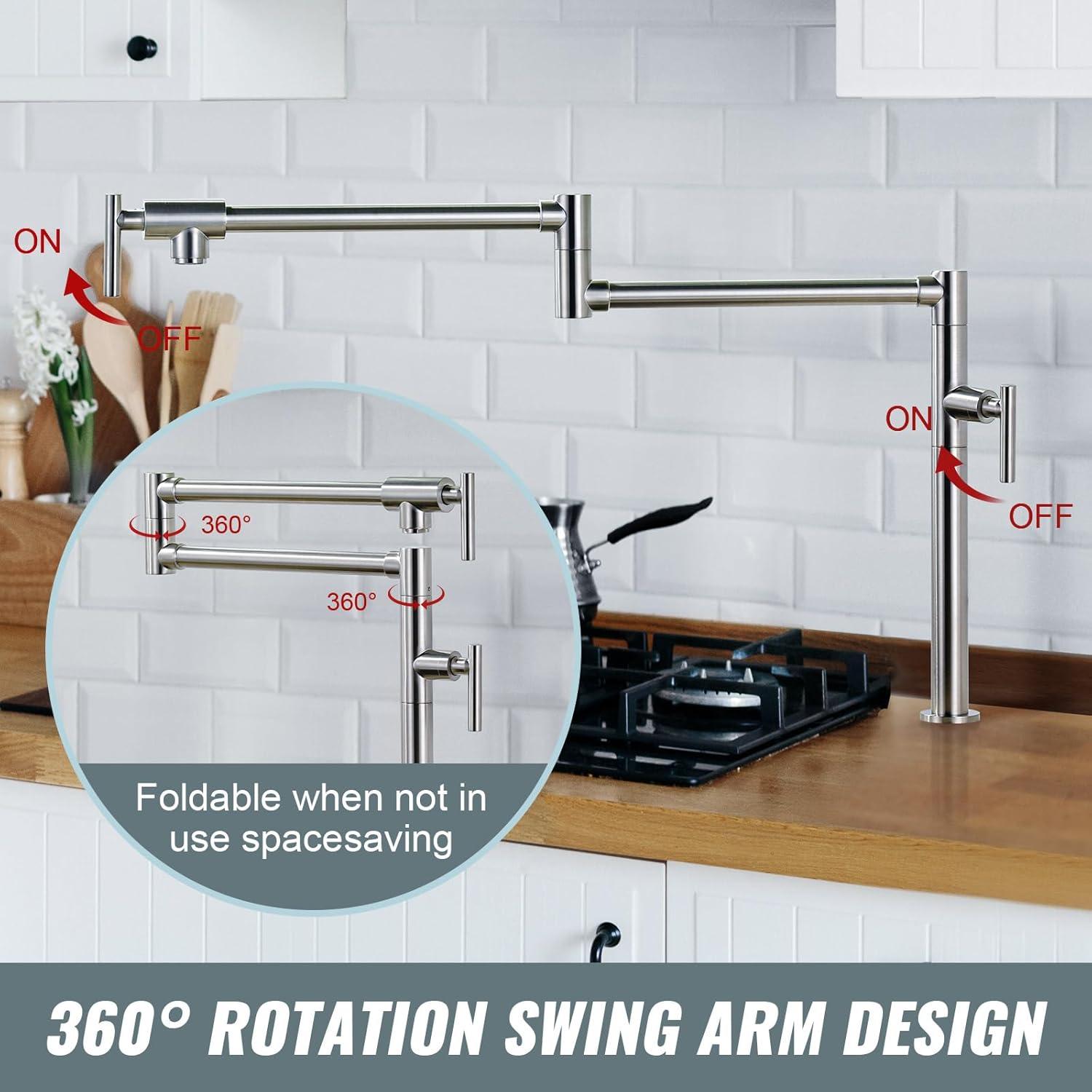 Wowow Pot Filler Faucet Deck Mount Stove Faucet, Solid Brass Pot Filler Brushed Nickel Kitchen Folding Faucet