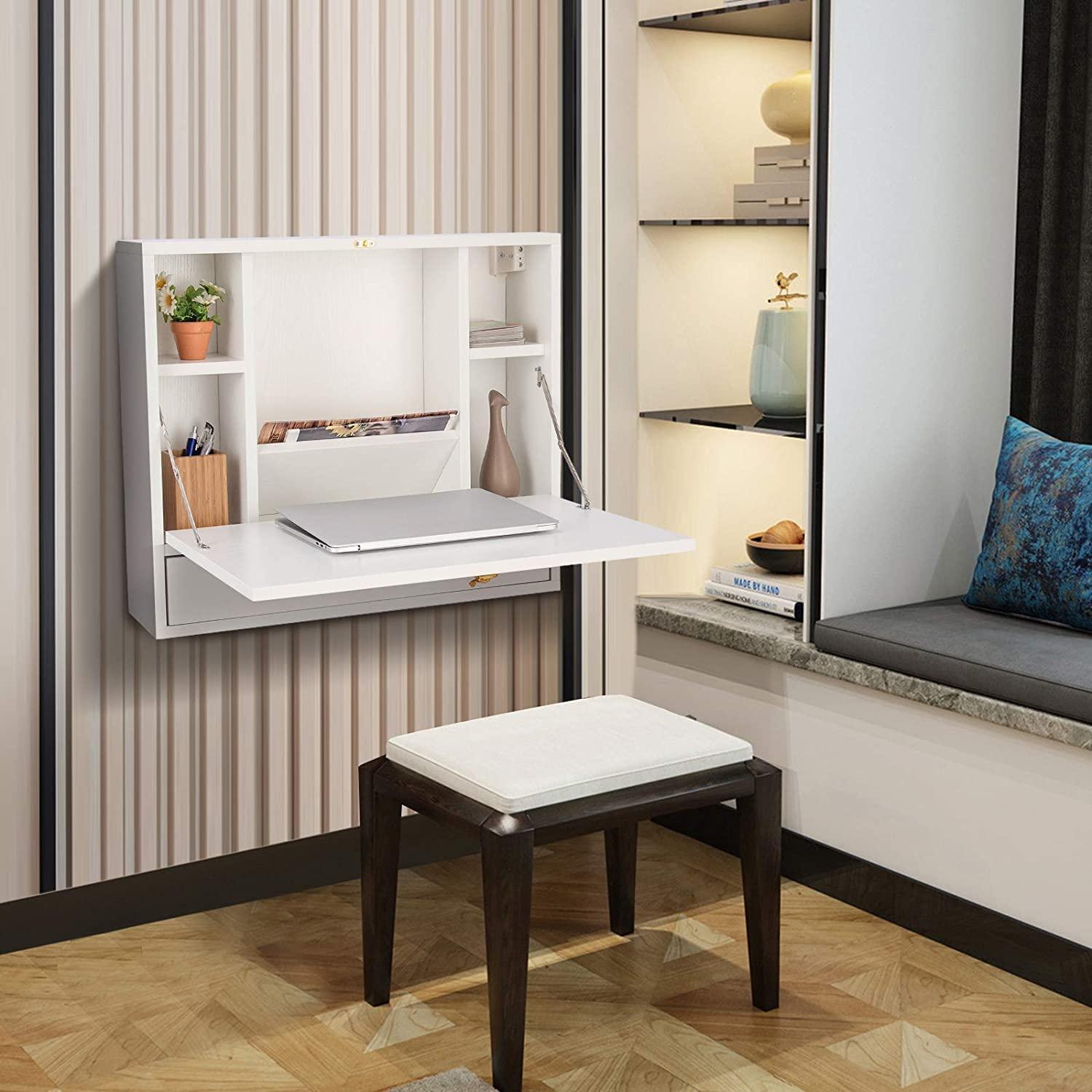 TrendSage Wall Mounted Table, Multifunctional Folding Hanging Storage Cabinet, Space Saving Computer Desk w/Storage Drawer and Shelves, Wall Mount Laptop Desk for Home Office (White)