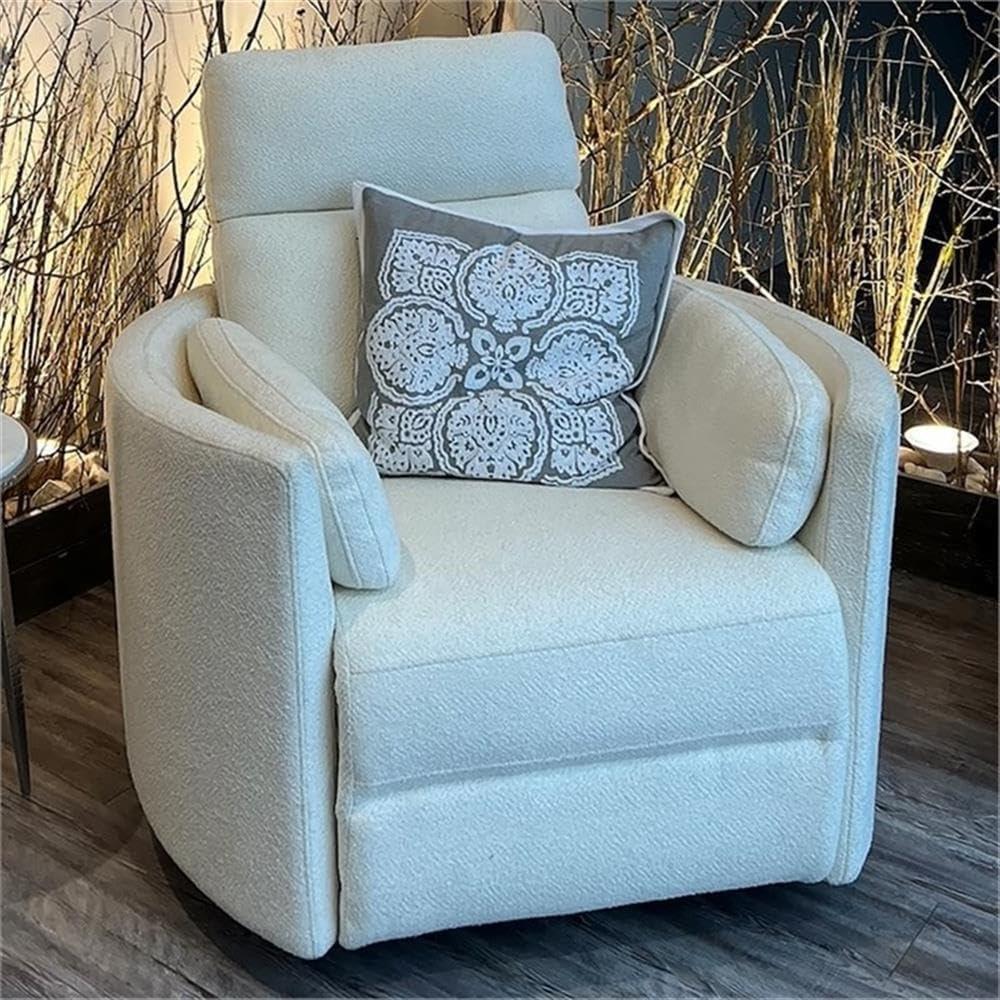 White Chenille Swivel Glider Recliner with Wood Frame