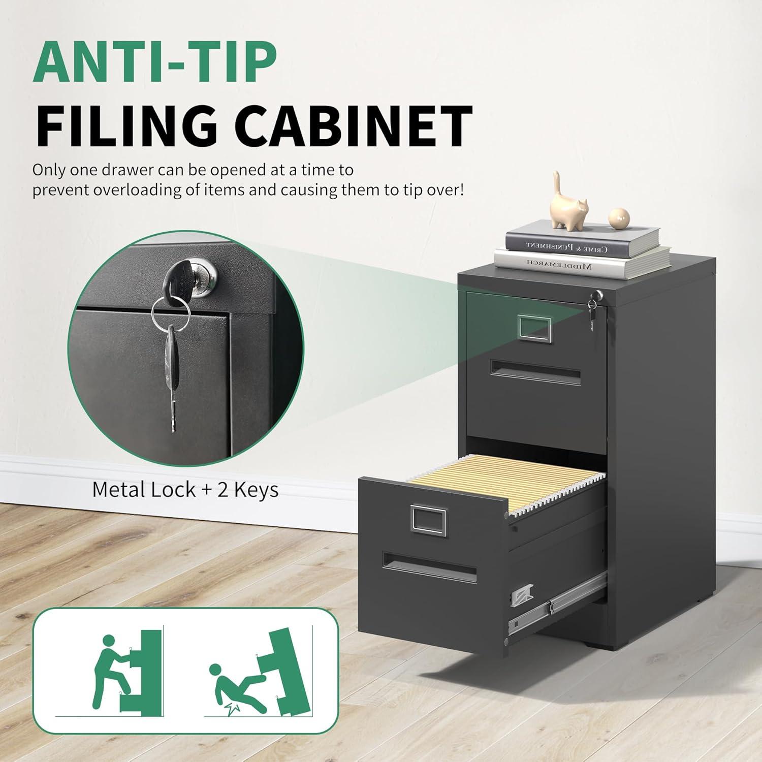 2 Drawer Metal Vertical File Cabinet with Lock for Home Office, A4/Letter/Legal Size, Assembly Required