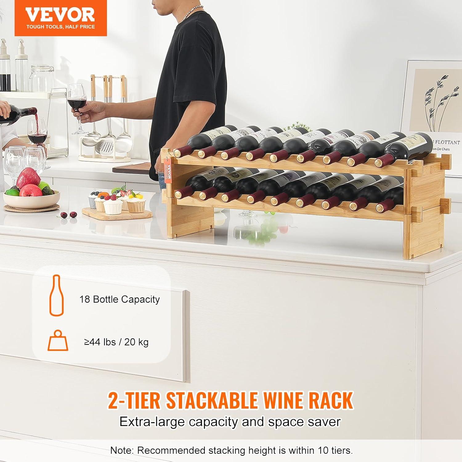 VEVOR 18-Bottle Stackable Modular Wine Rack, 2-Tier Bamboo Wood Display Shelf