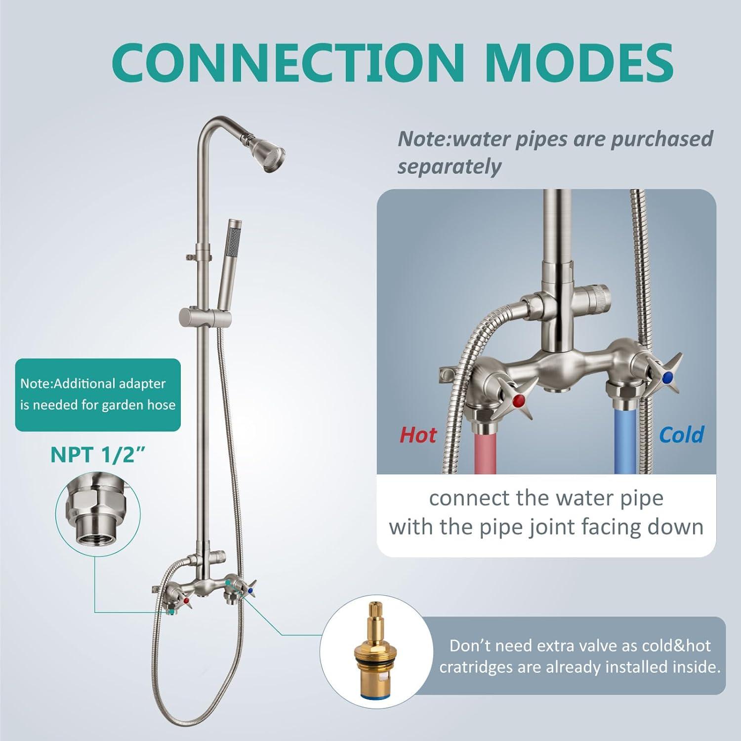 Aolemi Wall Mount Outdoor Shower Kit,Outdoor Shower Fixtures Faucet System with Handheld Spray,Double Handle 6 Inch Center Exposed Shower with Shower Head Polish Chrome