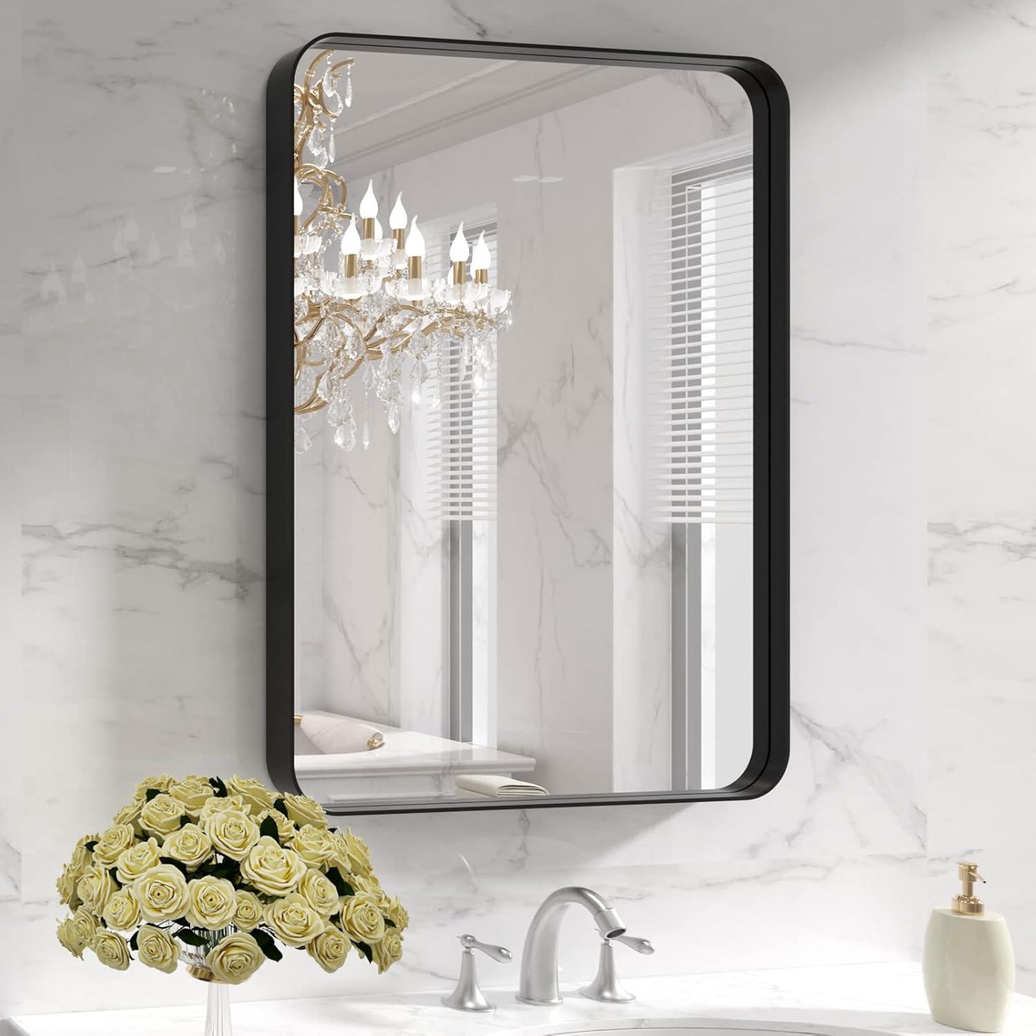 Matte Black Rectangular Aluminum Framed Bathroom Mirror, 30" x 22"