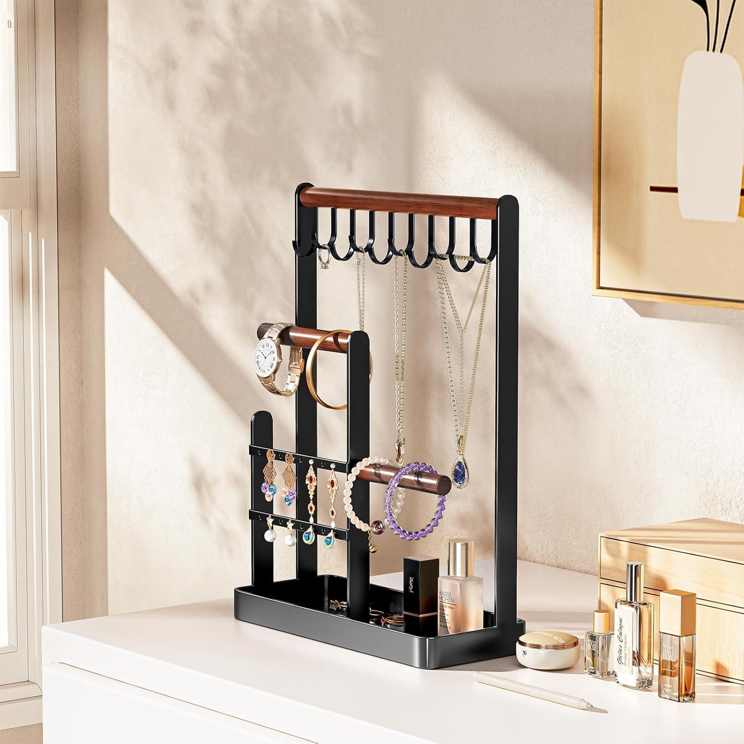 ProCase Jewelry Organizer Stand Necklace Holder, 4-Tier Jewelry Tower Rack with Earring Tray and Holes, 10 Hooks Necklaces Hanging Storage Tree Display for Bracelets Watches Earrings Rings -Black