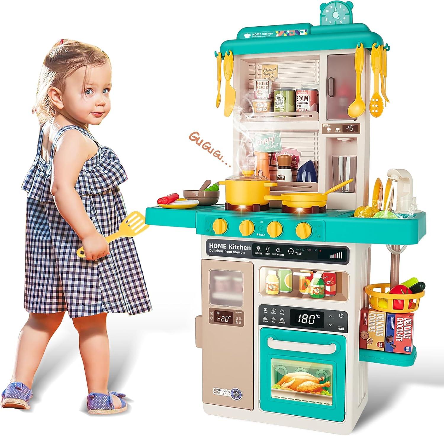 Kids Play Kitchen Set with Lights, Sounds, and Steam Effect