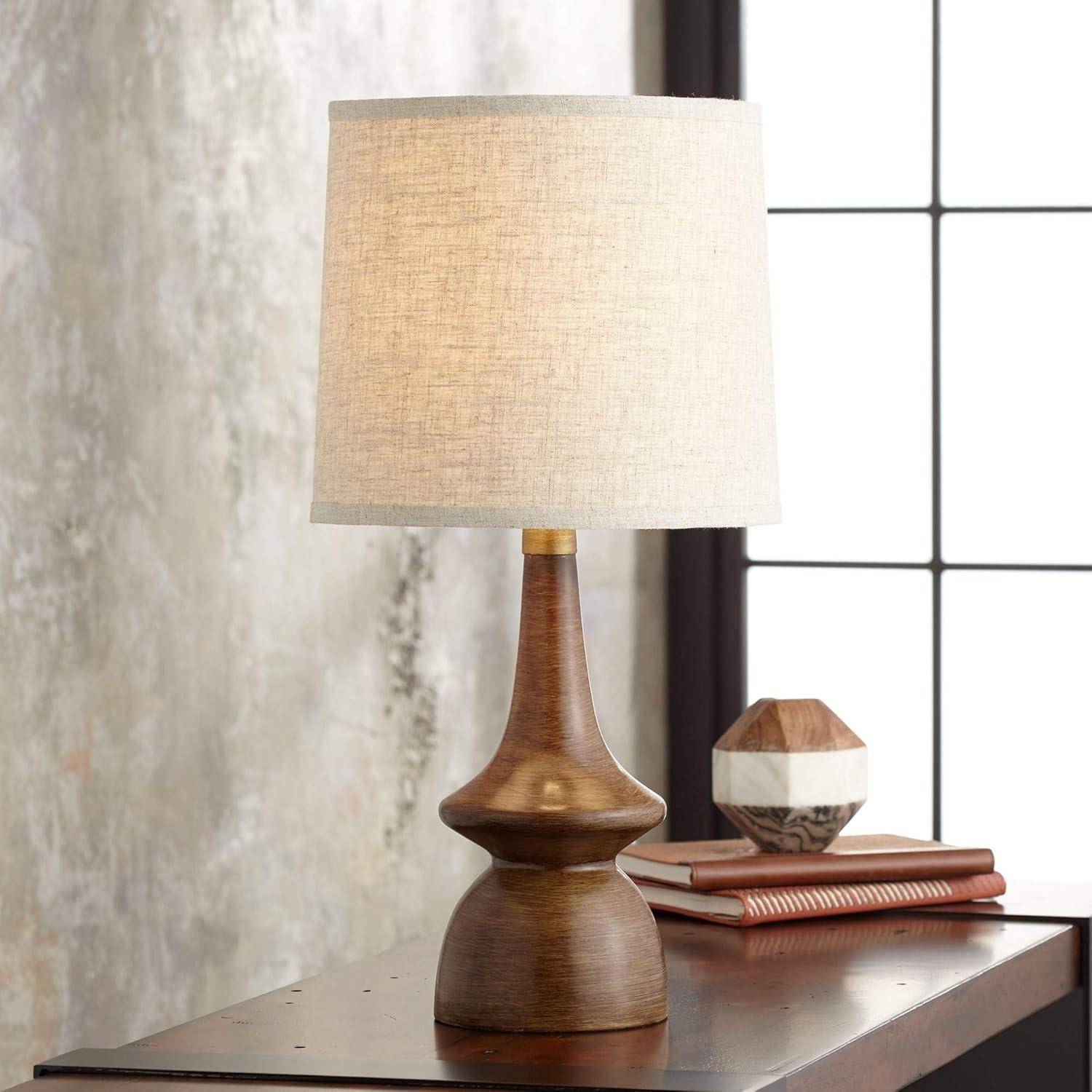 Mid-Century Walnut Faux Wood Table Lamp with Linen Shade