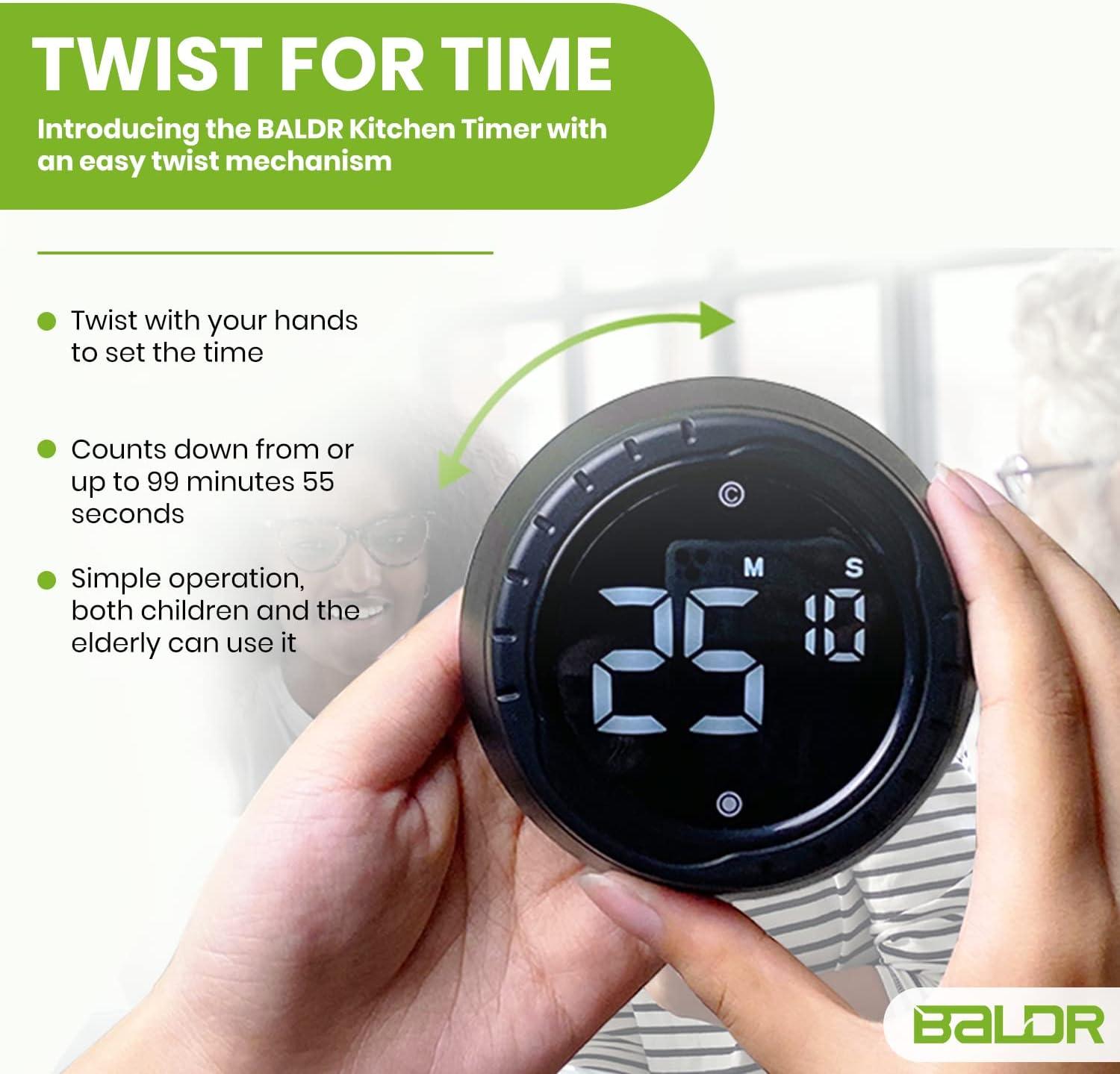 Baldr Kitchen Timer - Smart Countdown/Count Up Digital Timer with Rotating Desk Display, Quiet & Beeping Alerts, Strong Magnetic Backing - for Kitchen & Classroom (Black)