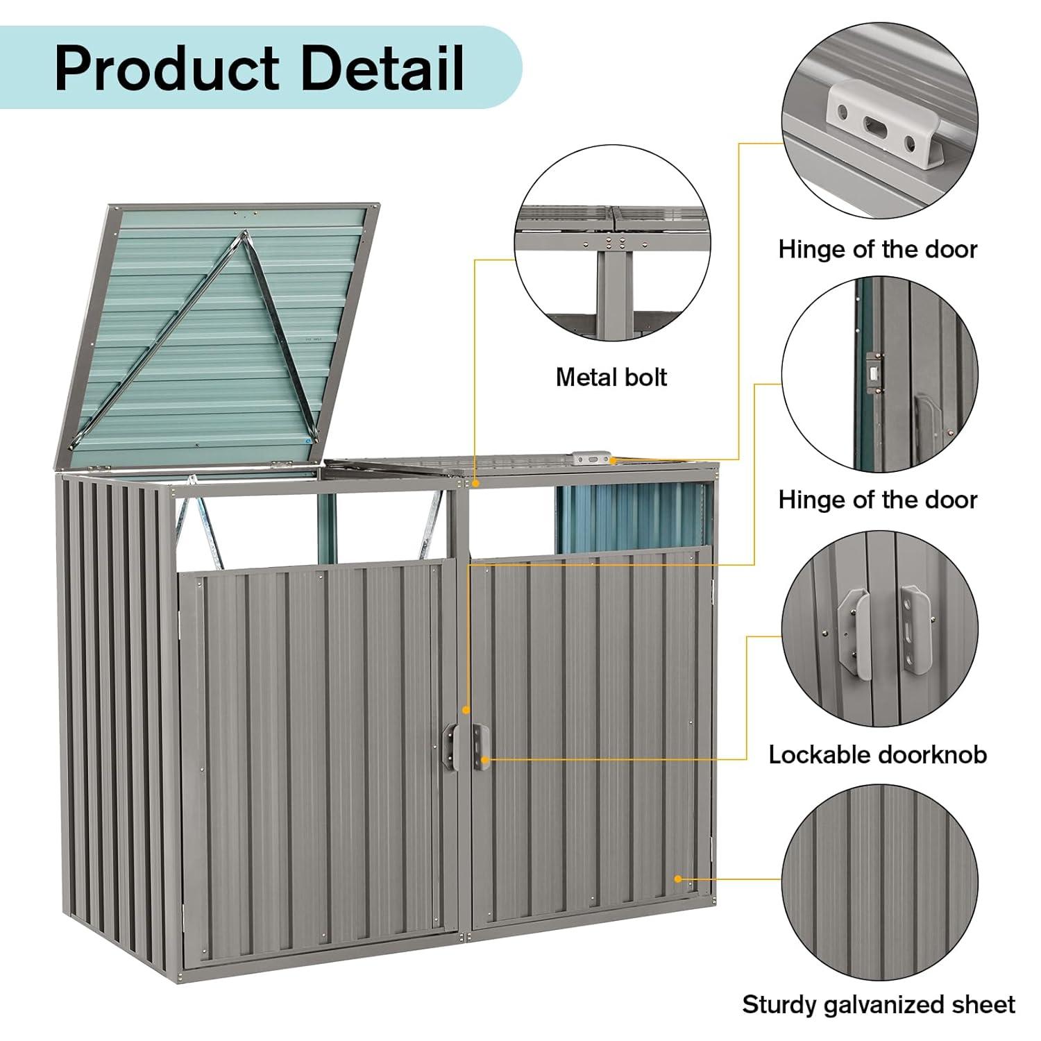KAQCVIN Garbage Bin Shed Stores 2 Trash Cans Metal Outdoor Bin Shed