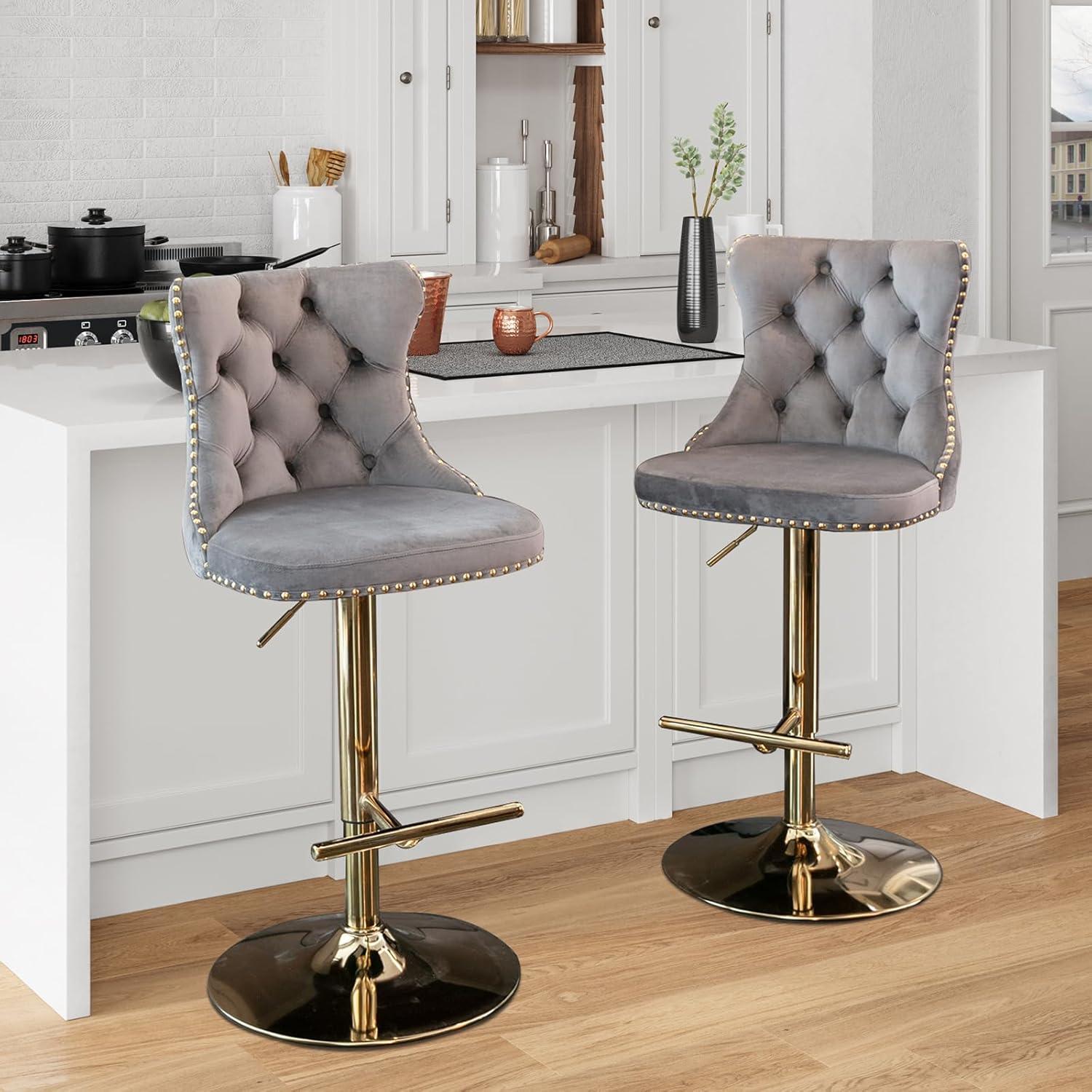 Grey Velvet Swivel Bar Stools Set of 2 with Upholstered Back, Adjustable Counter Height Barstools, Bar Chairs for Home Bar Kitchen Island Pub Restaurant (2 Pcs, Gray)