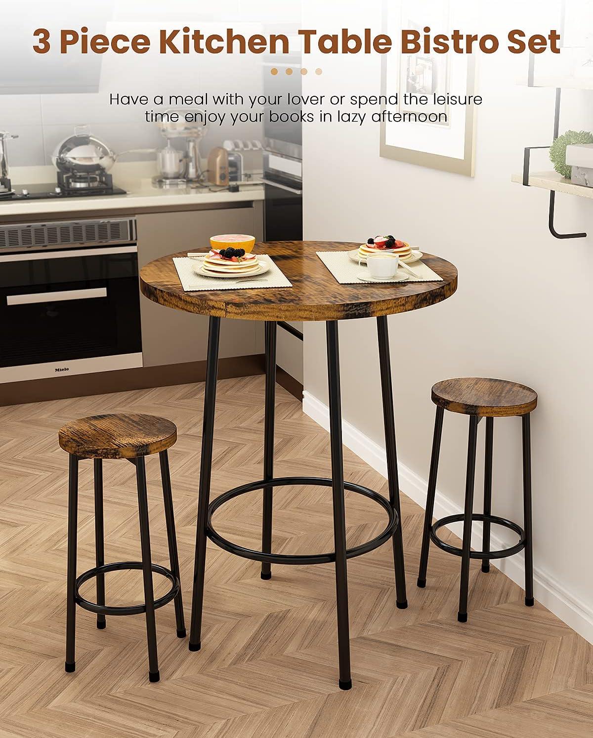 Recaceik 3 Piece Pub Dining Set, Modern Round bar Table and Stools for 2 Kitchen Counter Height Wood Top Bistro Easy Assemble for Breakfast Nook Living Room Small Space Restaurant