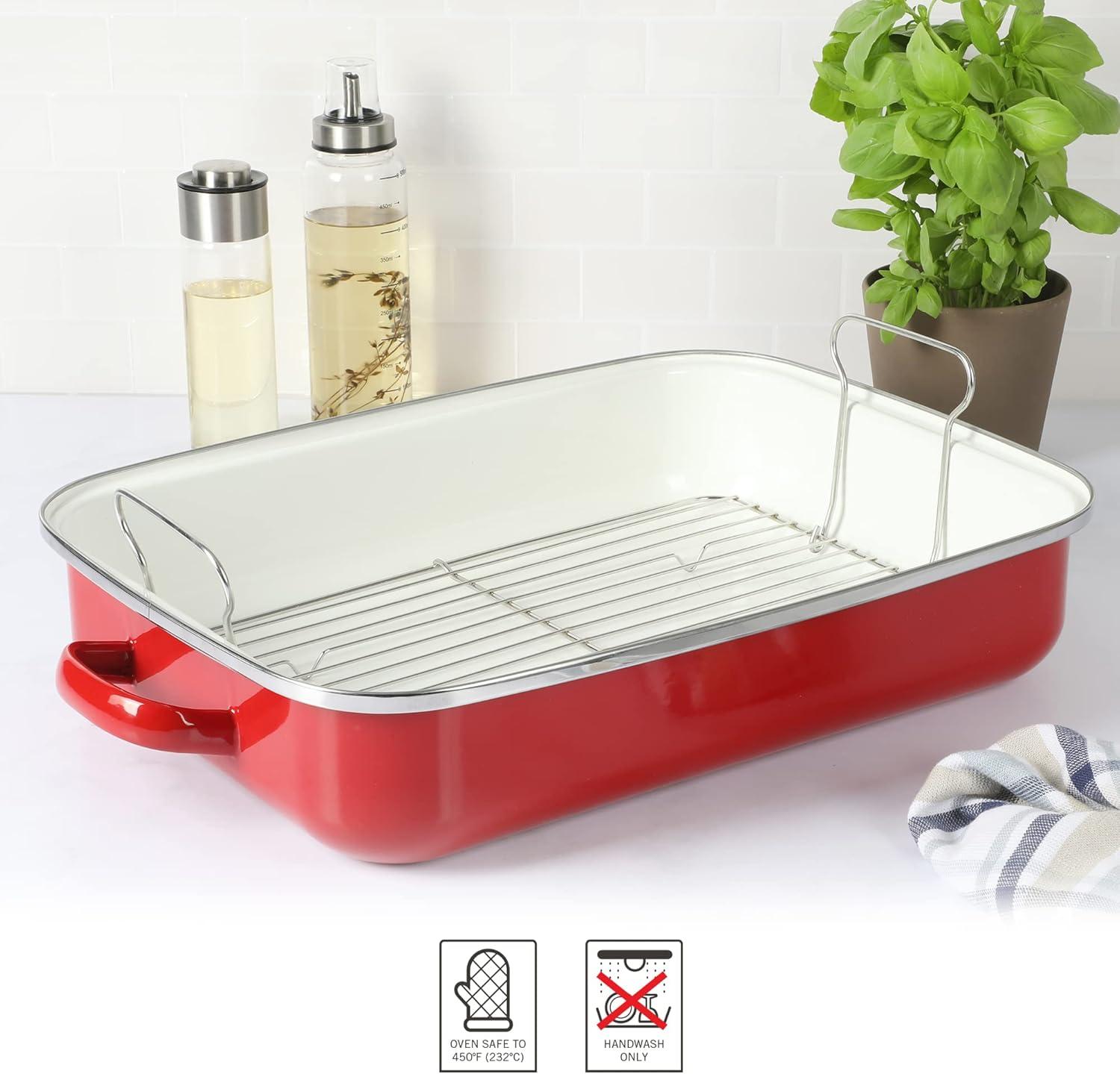 Red 18" Enameled Steel Roaster Pan with Rack and Handles