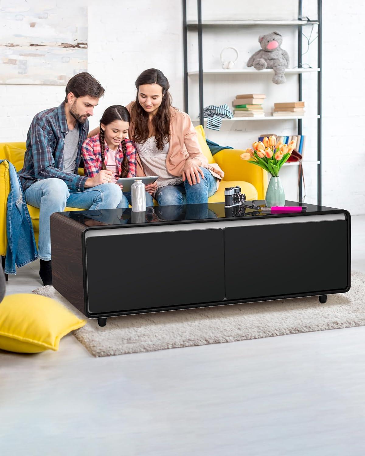 Livtab Smart Coffee Table with Built in Fridge, Bluetooth Speakers, Wireless Charging, Outlets, RGB Light, Brown