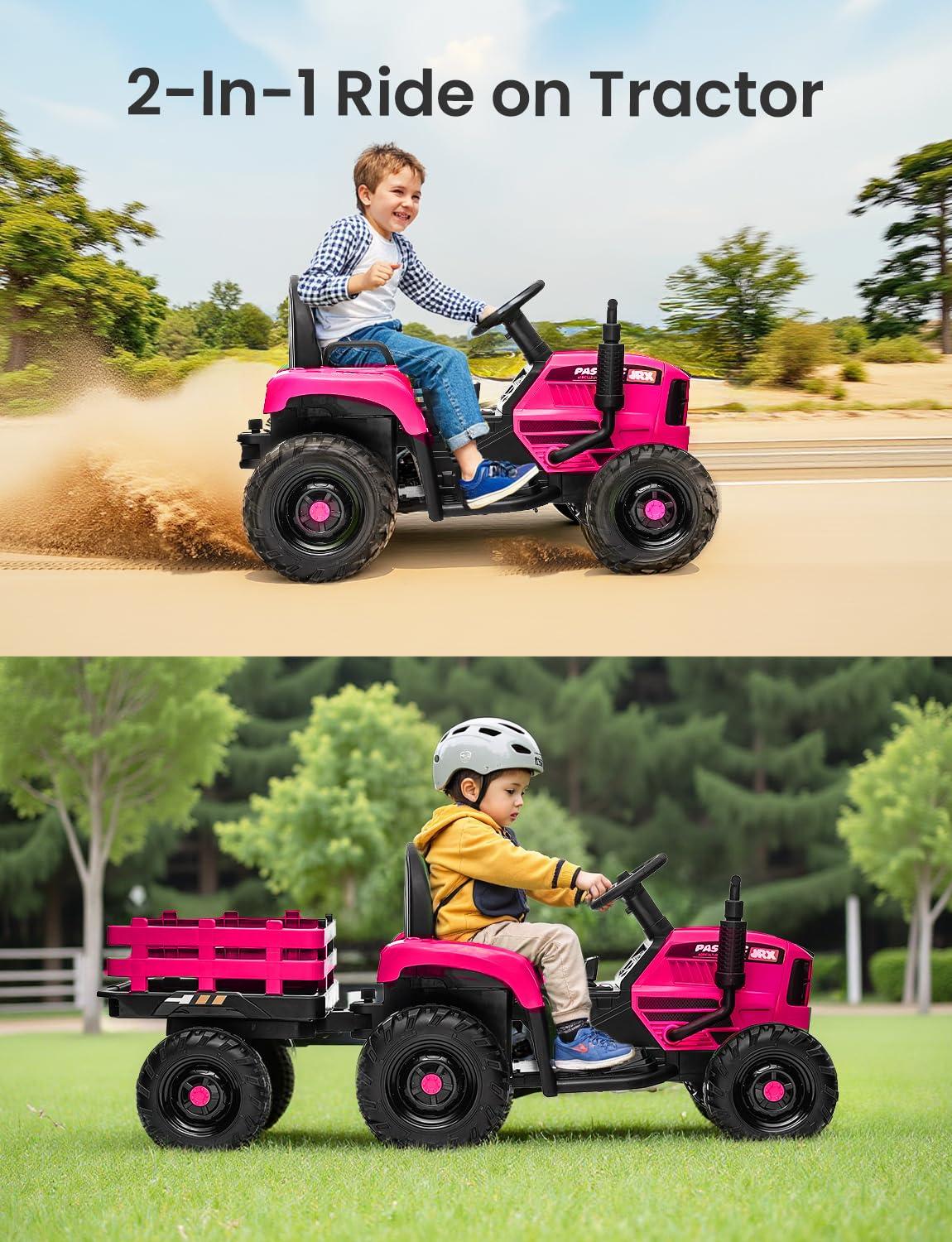 24V 400W Powered Electric Tractor for Kids, 3-Speed Ride On Tractor with Remote Control, USB/MP3/Bluetooth, LED Lights, Safety Belt, 1.86-4.97 MPH，Green