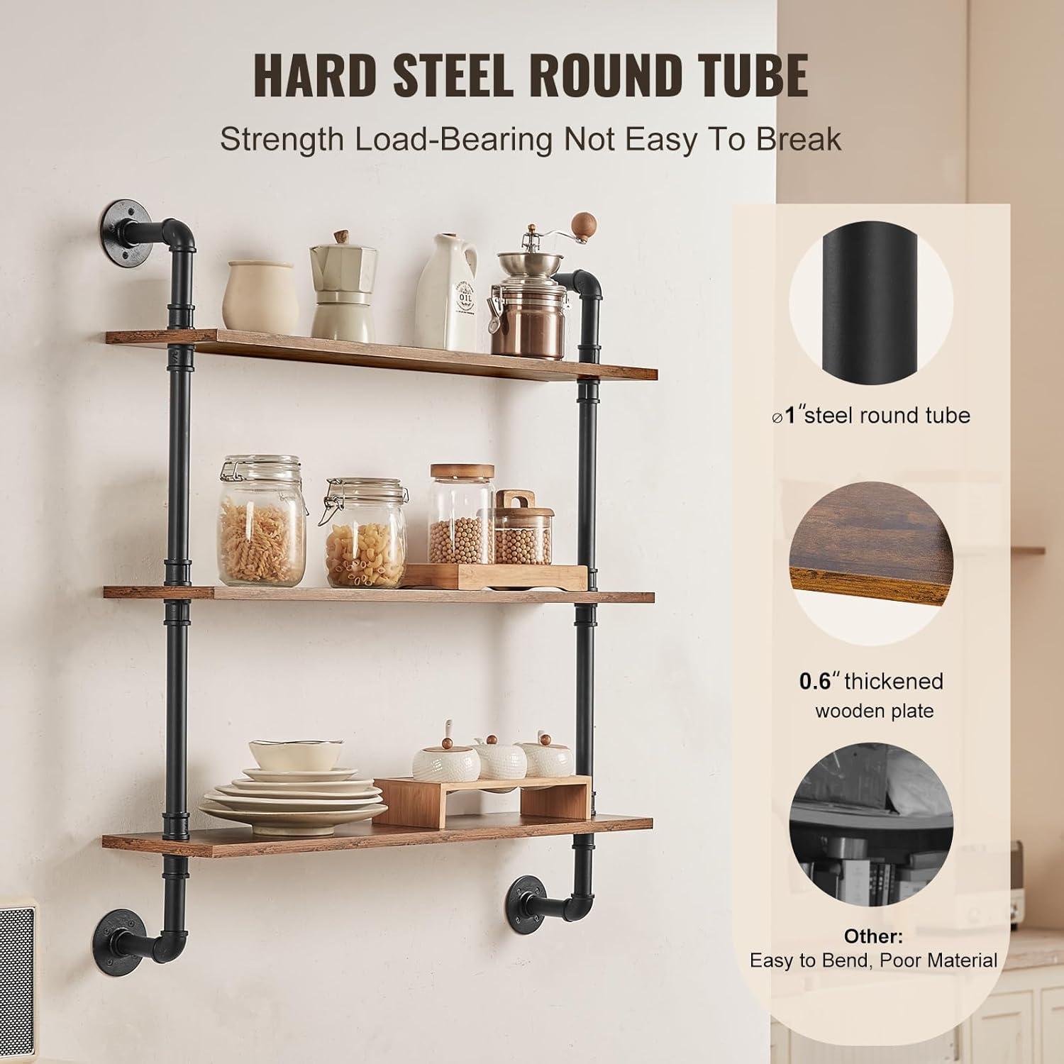 VEVOR Industrial Pipe Shelf, 3 Tier 32x7.87in, Wall-Mount Floating Rustic Wood Shelves Bracket Display Bookshelf, Storage Rack Sundries Holder for Kitchen Bedroom Bathroom Living Room, Black