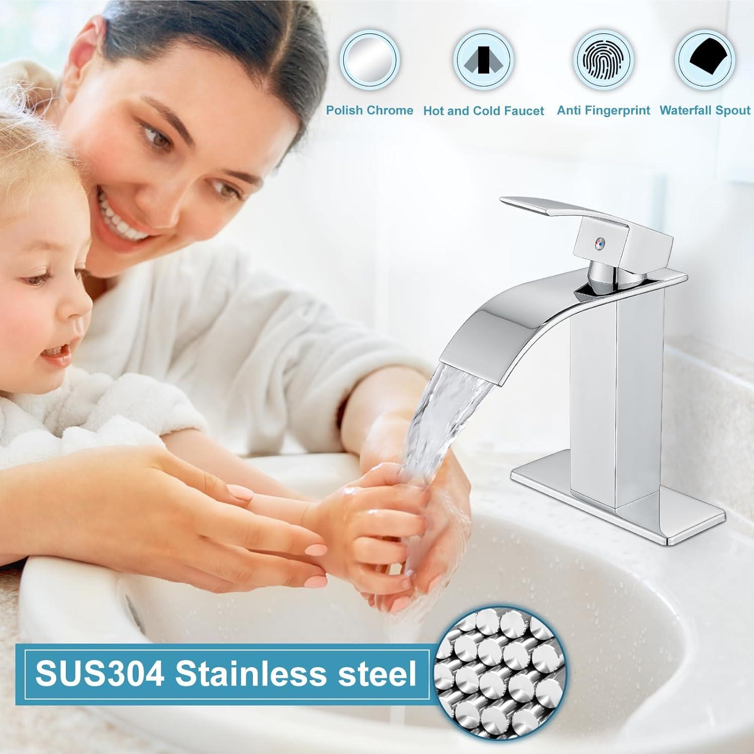 Midanya Waterfall Spout Bathroom Faucet Single Handle 1 Hole Bathroom Sink Faucet,Modern RV Lavatory Vanity Basin Tap with Water Hose,Short Body,Polish Chrome