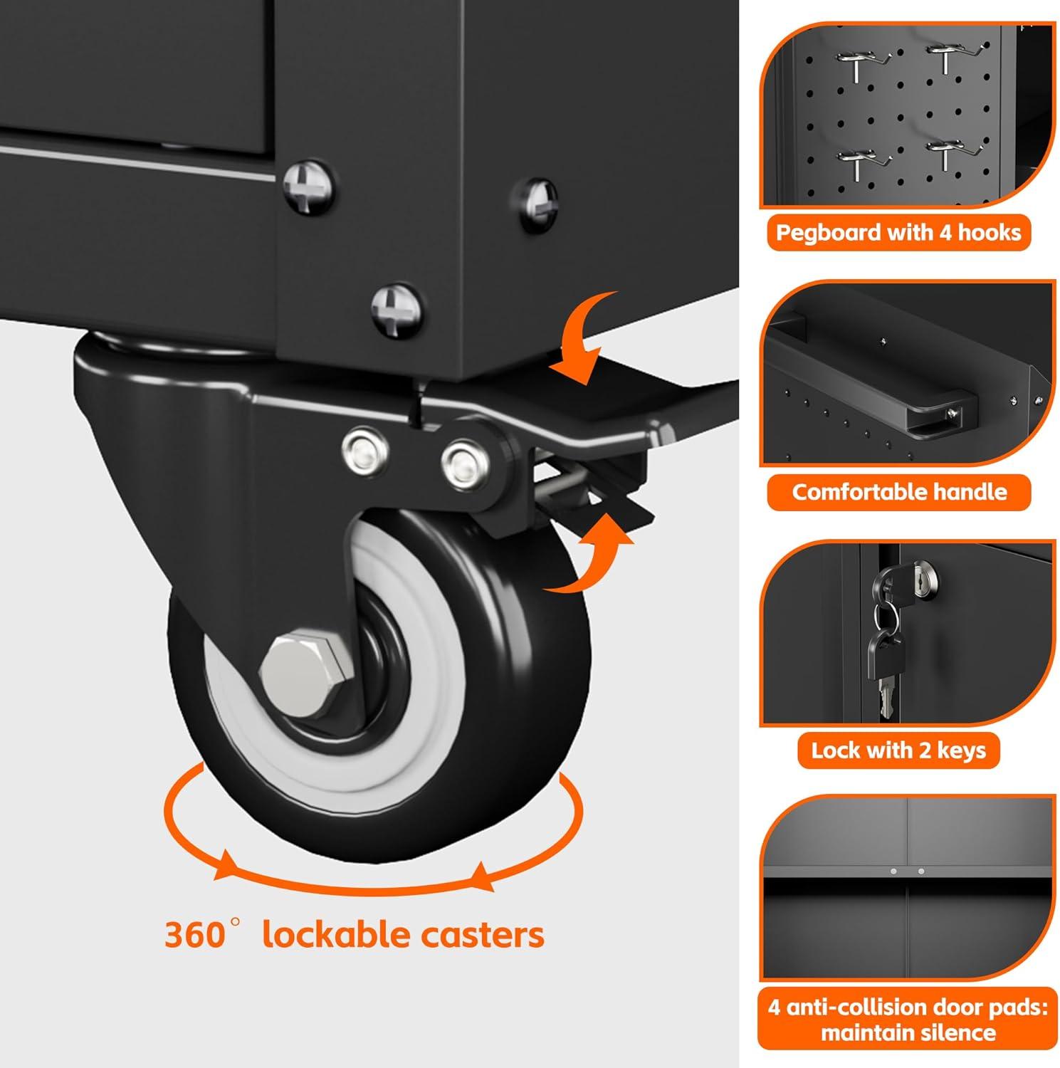 AOBABO 72 Inch Locking Metal Garage Home Office Storage Cabinet with Universal Rubber Wheels/Lockable Casters and Magnetic Doors, White