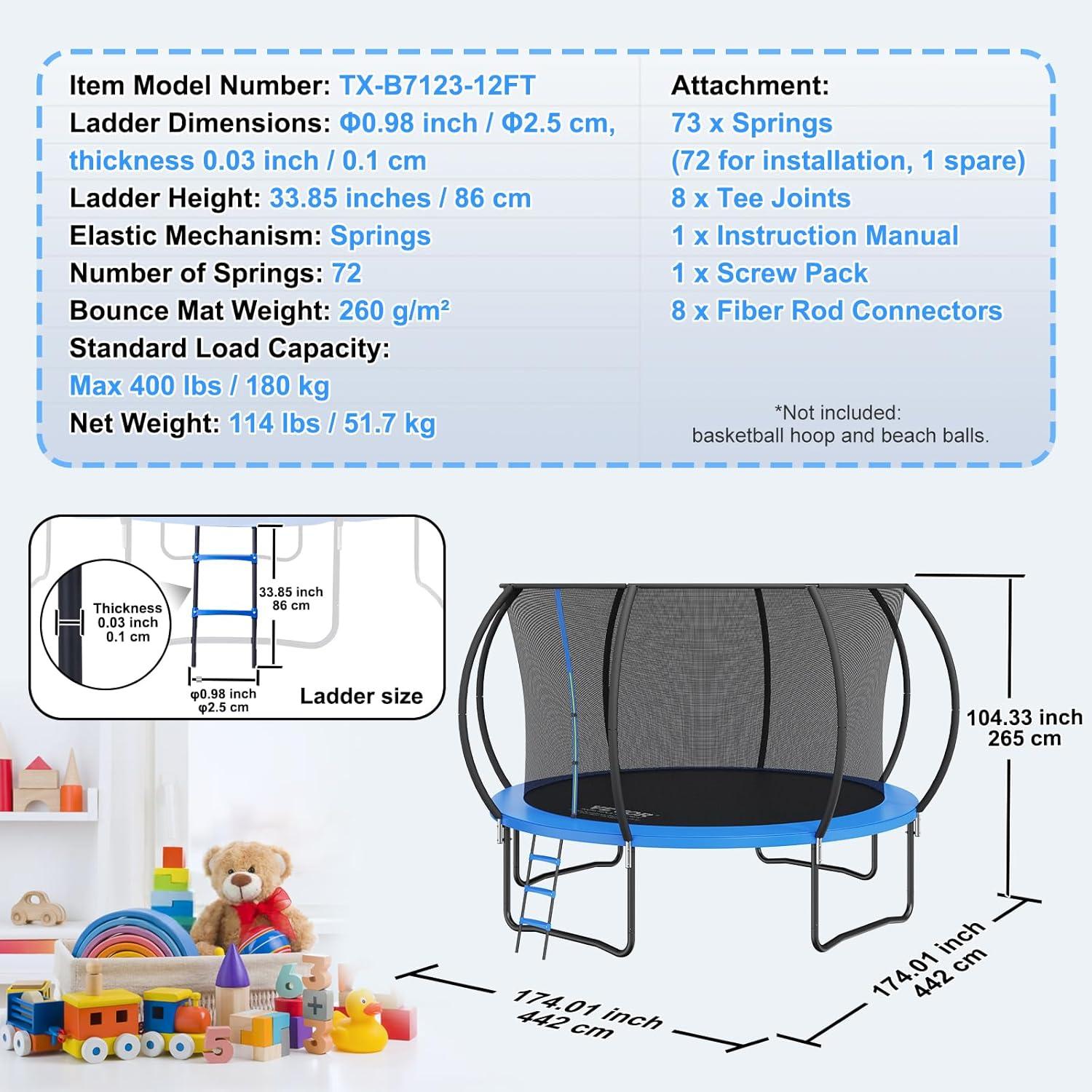 Vevor 12 ft Blue Round Trampoline with Enclosure Net