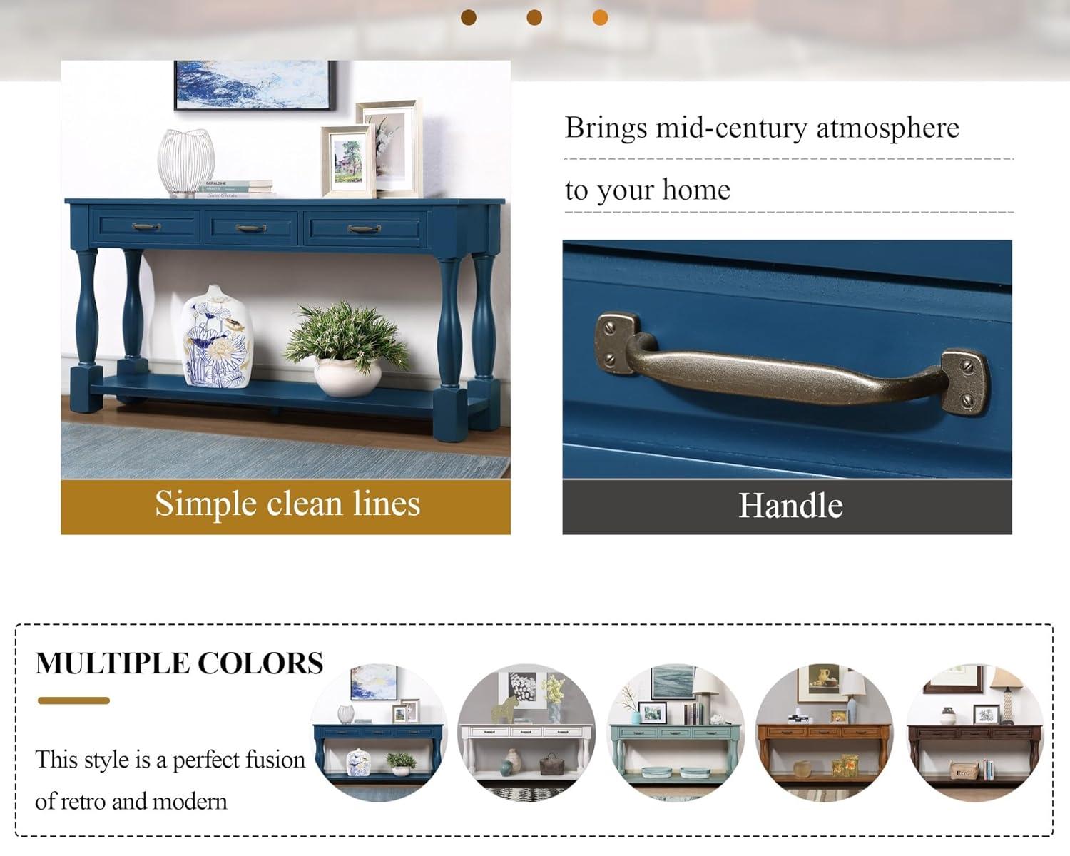 LKTART Solid Wood Console Table for Entryway,Long Sofa Table with 3 Drawers for Hallway,Foyer,Entry,Easy Assembled (63" Navy Blue)