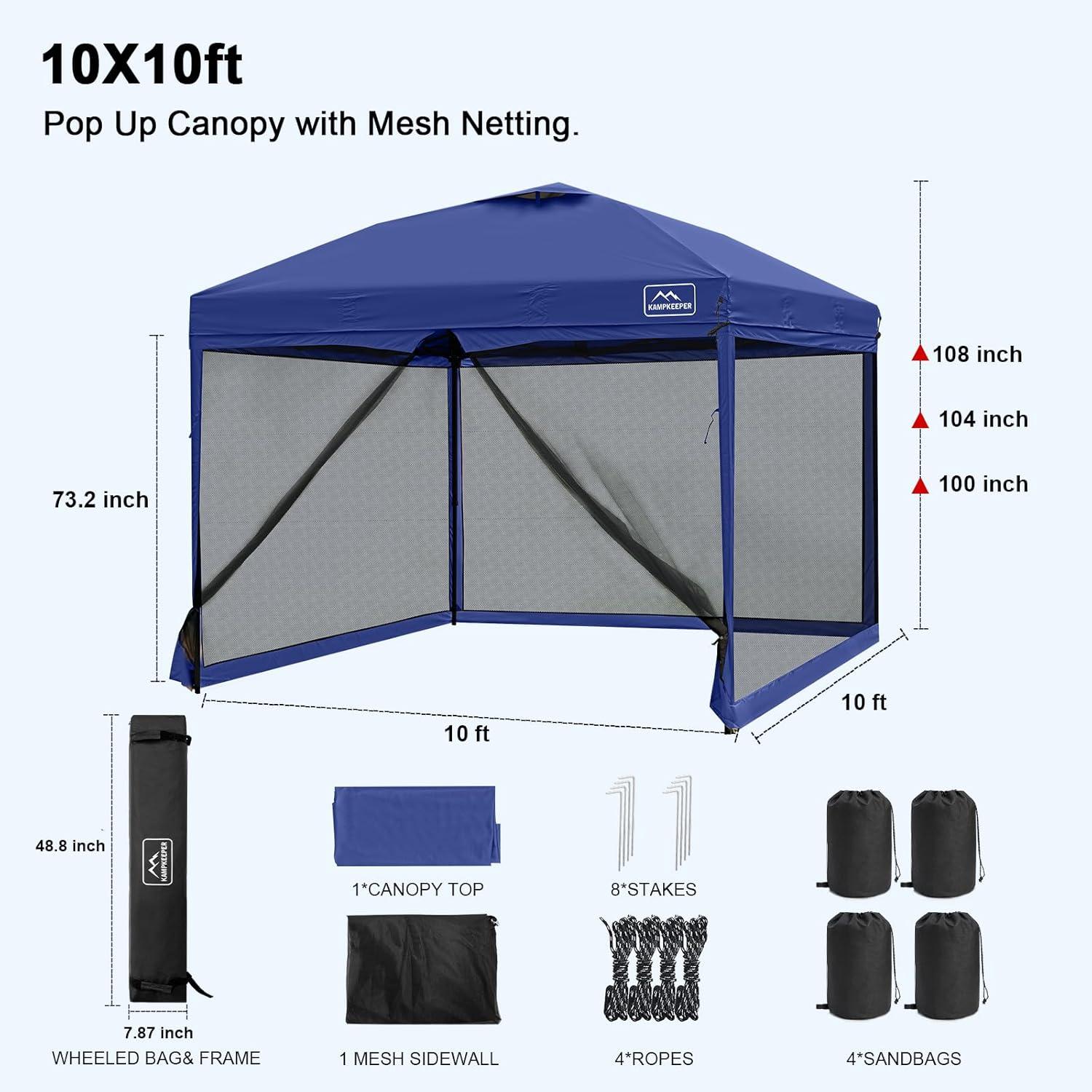 KAMPKEEPER 10x10 Pop Up Canopy Tent with Mosquito Netting - Waterproof Screen Shelter for Sun Shade, Camping, Beach and Outdoor Events, Navy Blue