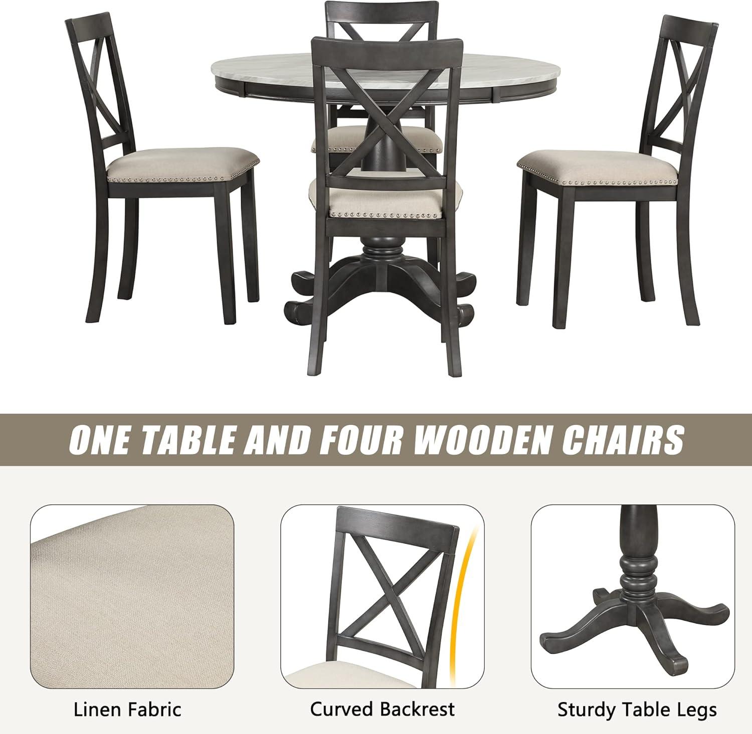 5 Pieces Dining Table and Chairs Set, Dining Room Table Set for 4 Persons with Faux Marble Tabletop and 4 Chairs, Solid Wood Kitchen Dining Set for Small Spaces, Gray