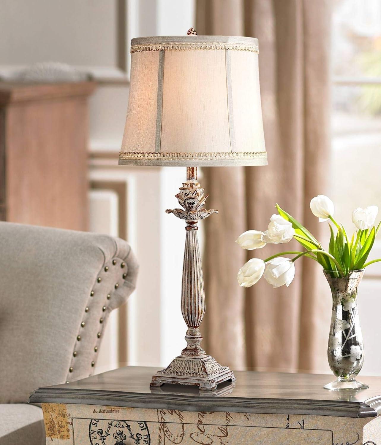 Regency Hill Petite Artichoke Font Traditional Table Lamp 28" Tall Antique White Washed Beige Fabric Bell Shade for Bedroom Living Room Nightstand