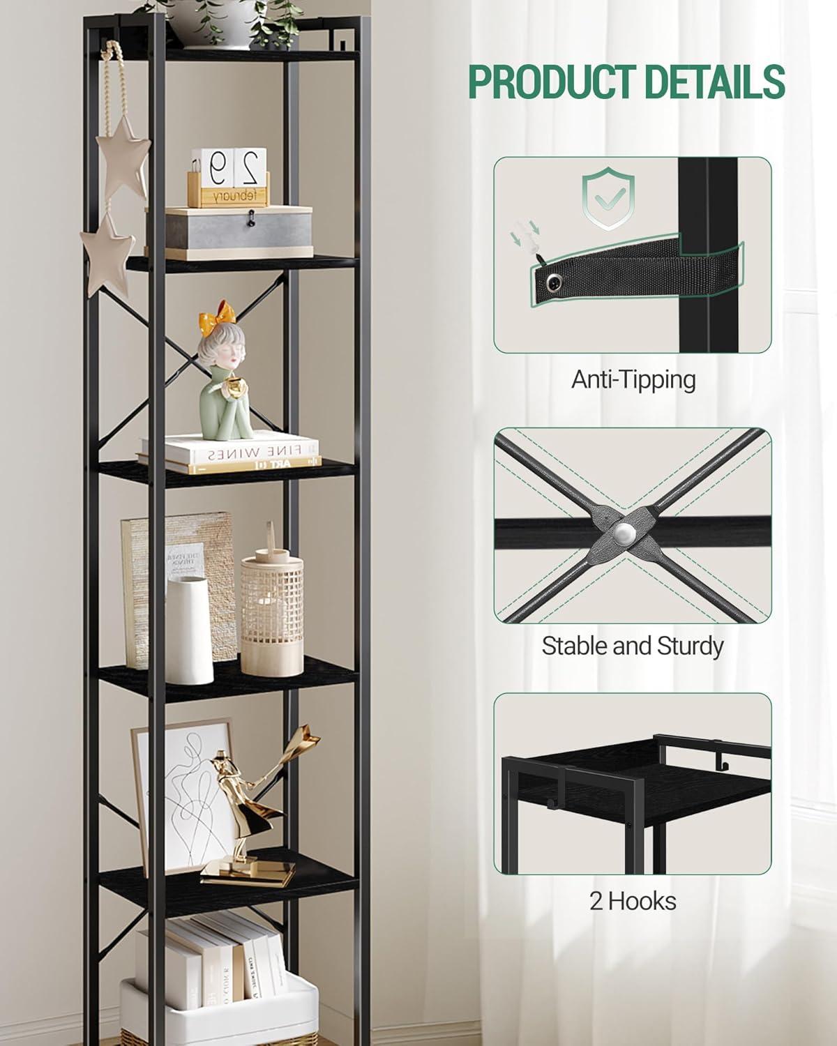 Bookshelf, Book Shelf, Industrial Bookcase with 2 Hooks, Coner Shelf Storage Organizer for Home Office, Living Room, Bedroom, Kitchen, 6-Tier Black