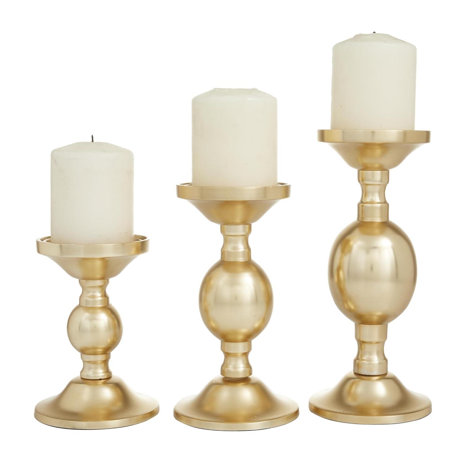 Deco 79 Aluminum Metal Decorative Candle Holder Pillar Candle Stand, Set of 3 Candlestick Holder 10", 8", 6"H, Gold
