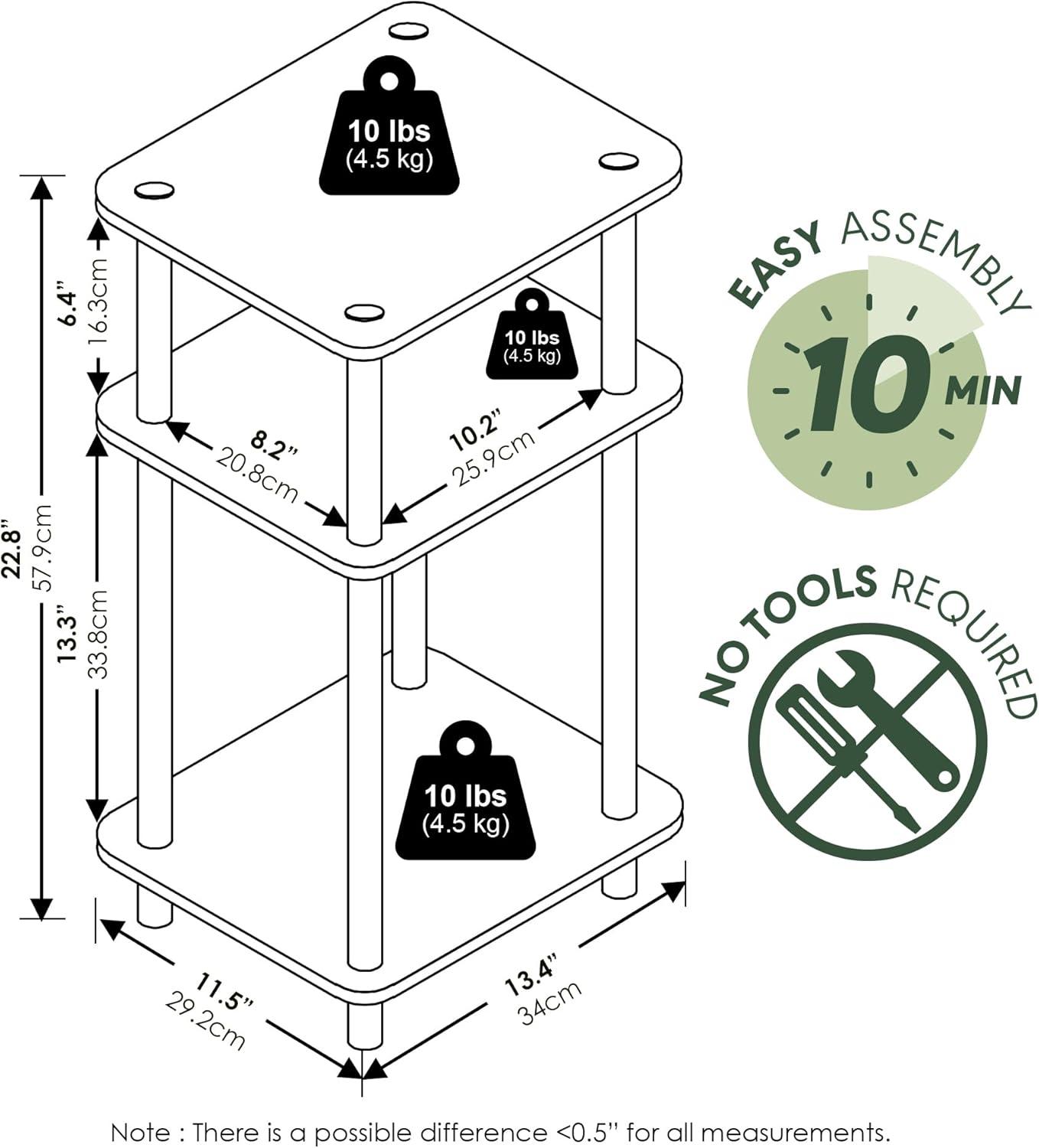 11087AM-BK 11087 Just 3-Tier No Tools Tube End Table, Americano & Black - 13.4 x 11.5 x 22.8 in.