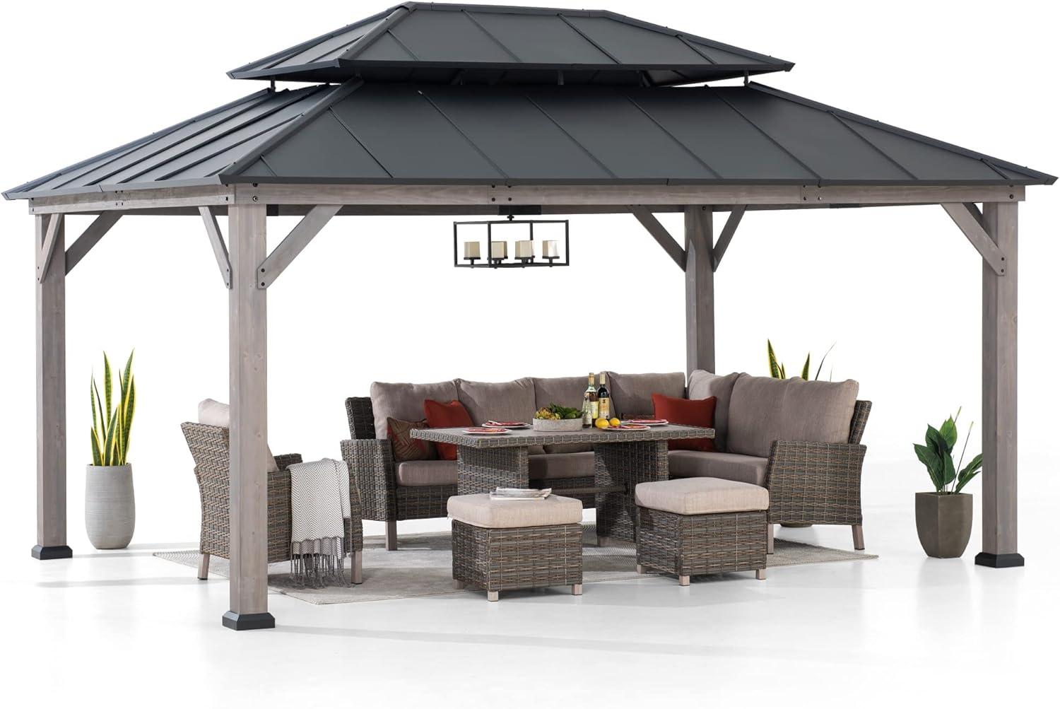 Sunjoy 12x16 ft Cedar Wood Gazebo with Black Steel Roof