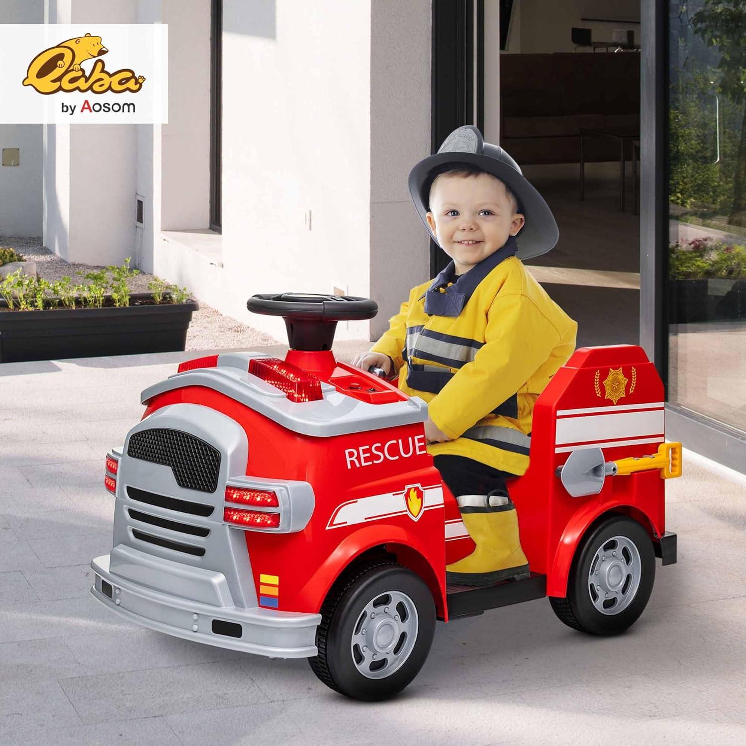 Qaba Qaba 12V Ride on Fire Truck with Siren, Lights, Soft Start, Horn Music, Red