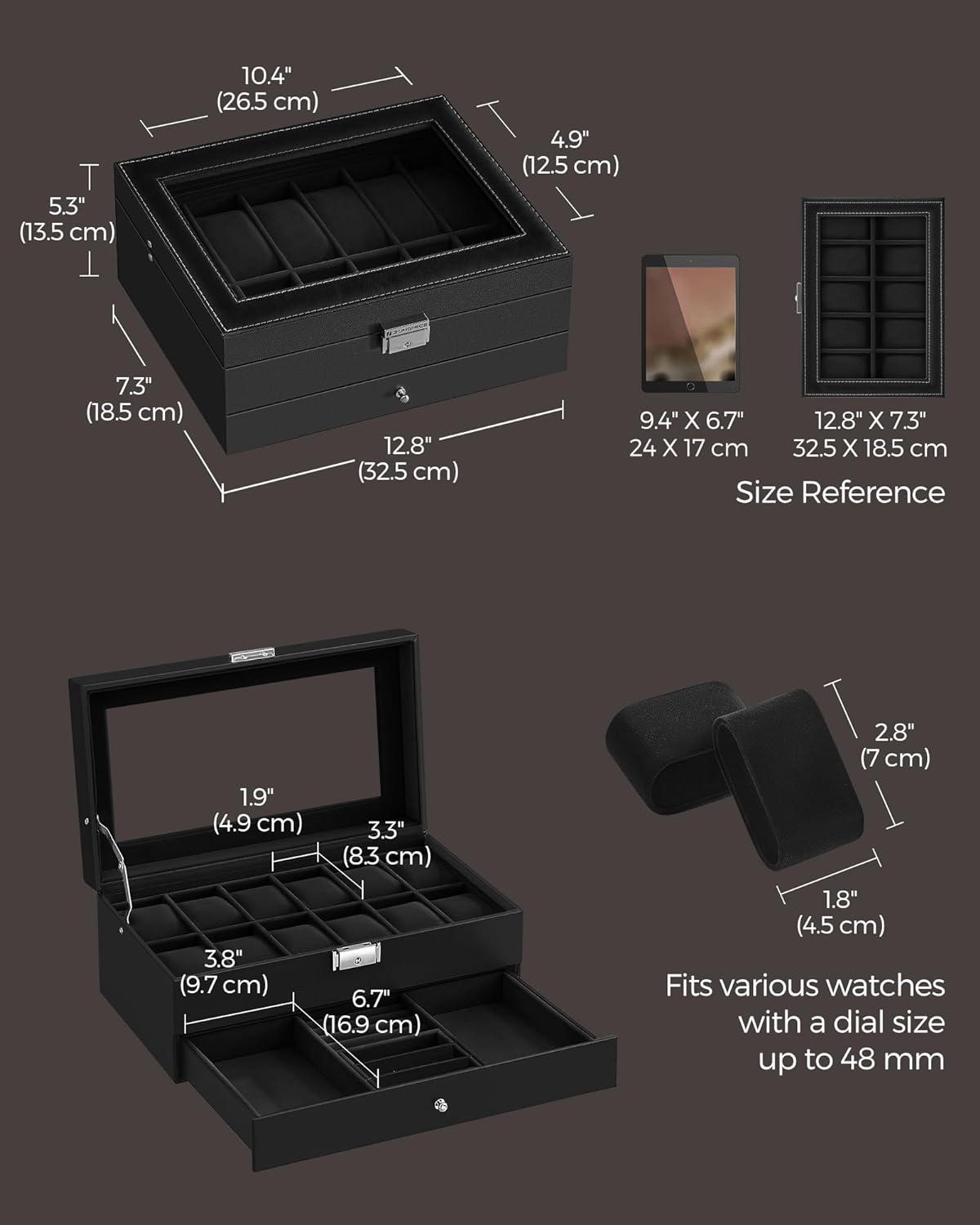 SONGMICS 12-Slot Watch Box, Lockable Watch Case with Glass Lid, 2 Layers, with 1 Drawer for Rings, Bracelets, Gift Idea, Black Synthetic Leather, Black Lining UJWB012B03