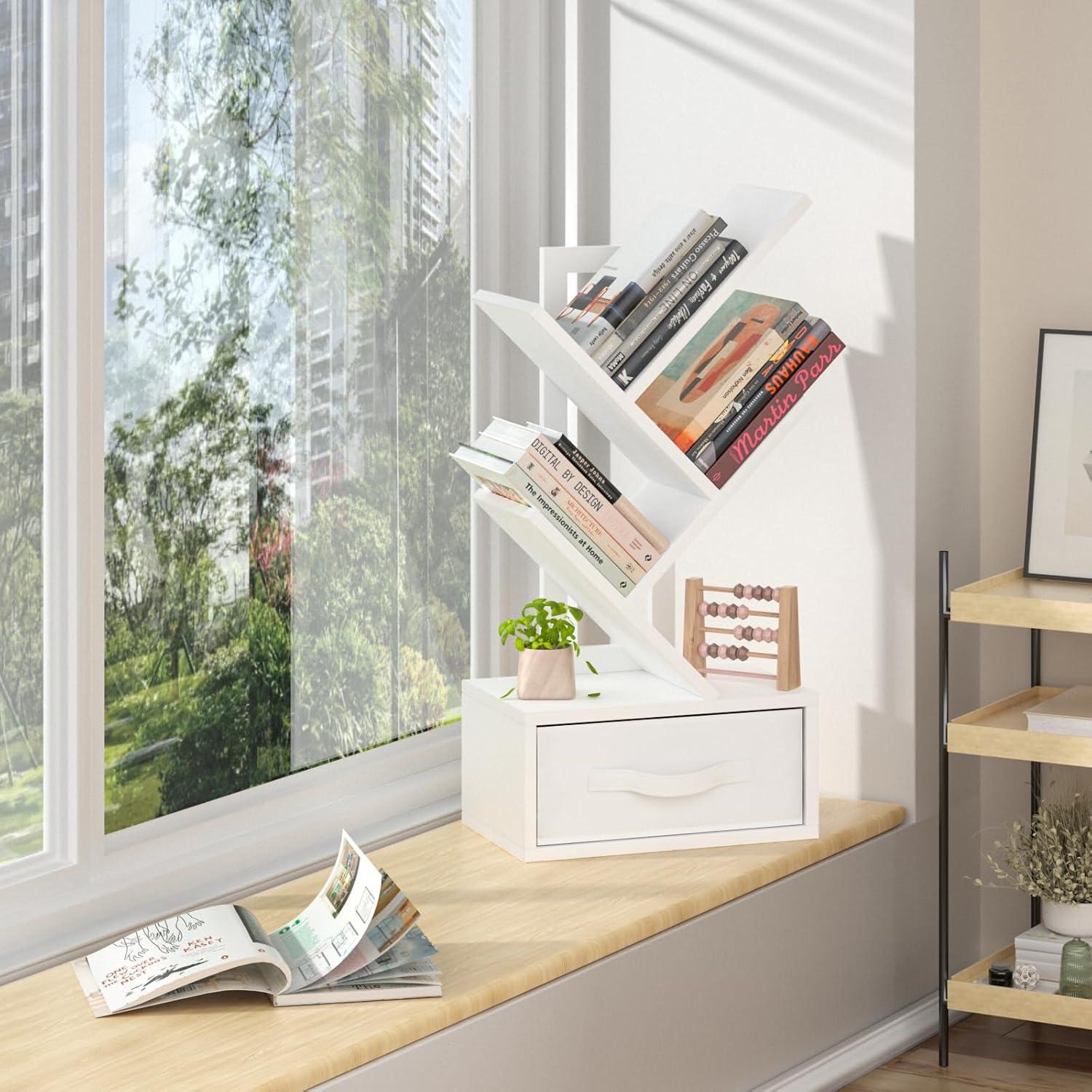 Small Bookshelf with Drawer,4 Tier Tree Book Shelf,Wood Desk Bookshelves,Modern Free Standing Desktop Display Shelves,White Floor Standing Organizer Bookcase for Living Room,Bedroom,Office