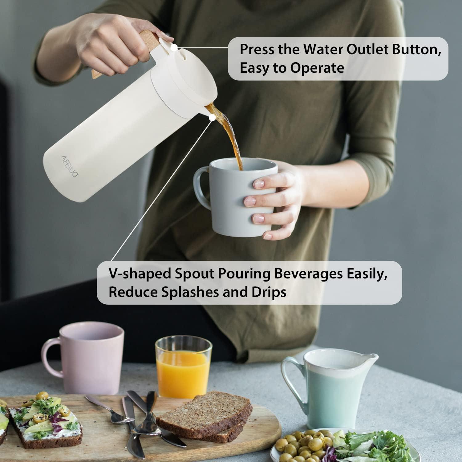 DUIERA 51 oz Coffee Carafe Double Walled Thermal Carafe Stainless Steel Thermos Pot, 1.5 L Beverage Dispenser Keeping Hot/Cold - White