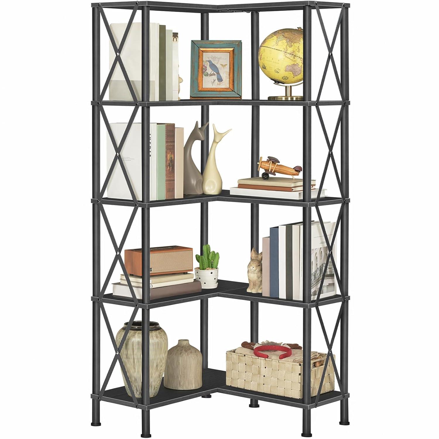 HOOBRO Corner Bookshelf, 5-Tier L-Shaped Bookcase, Industrial Open Display Shelf Tall Storage Organizer, Vertical Storage Rack, for Living Room, Home Office, Black BB60SJ01