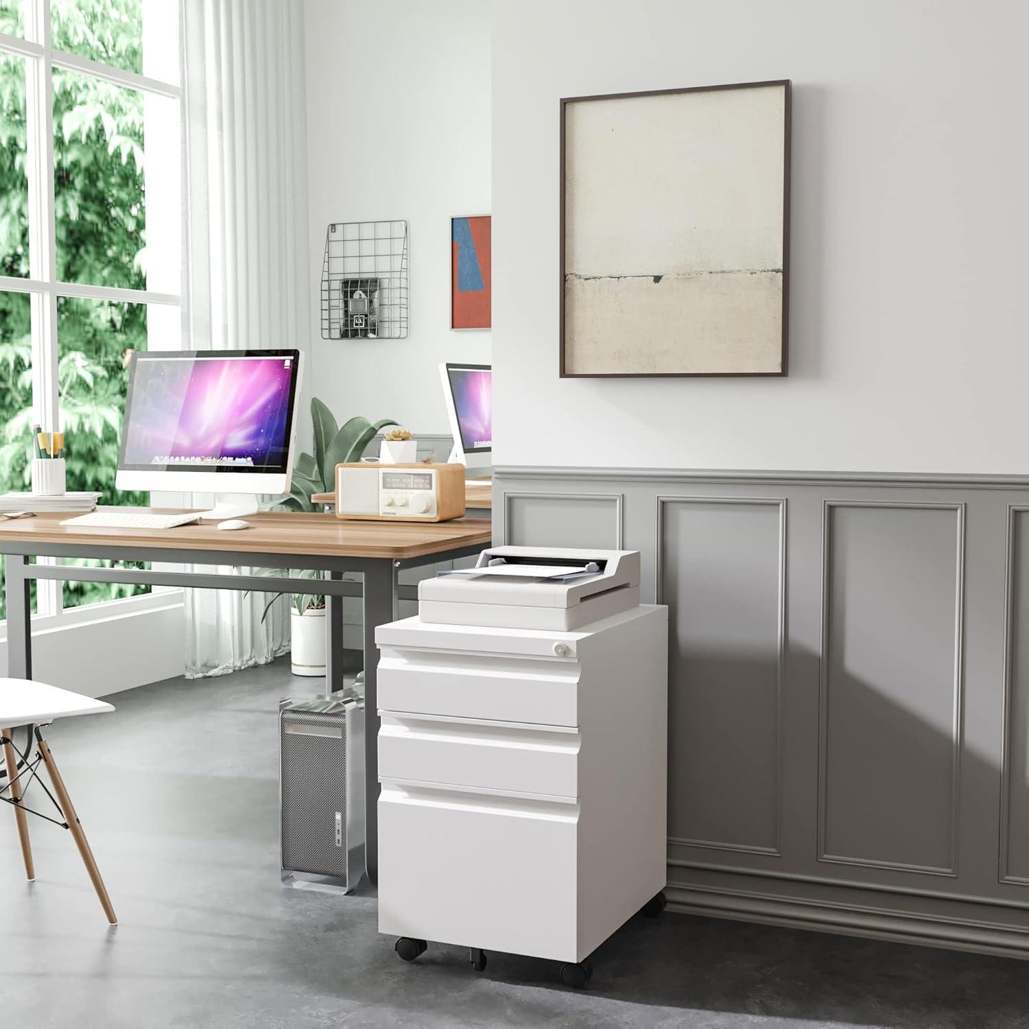 3 Drawer Mobile File Cabinet with Lock, Rolling File Cabinets for Home Office, Under Desk Small File Caninet on wheels, Metal Vertical White Filing Cabnet for Legal/Letter/A4 - Assembly Required