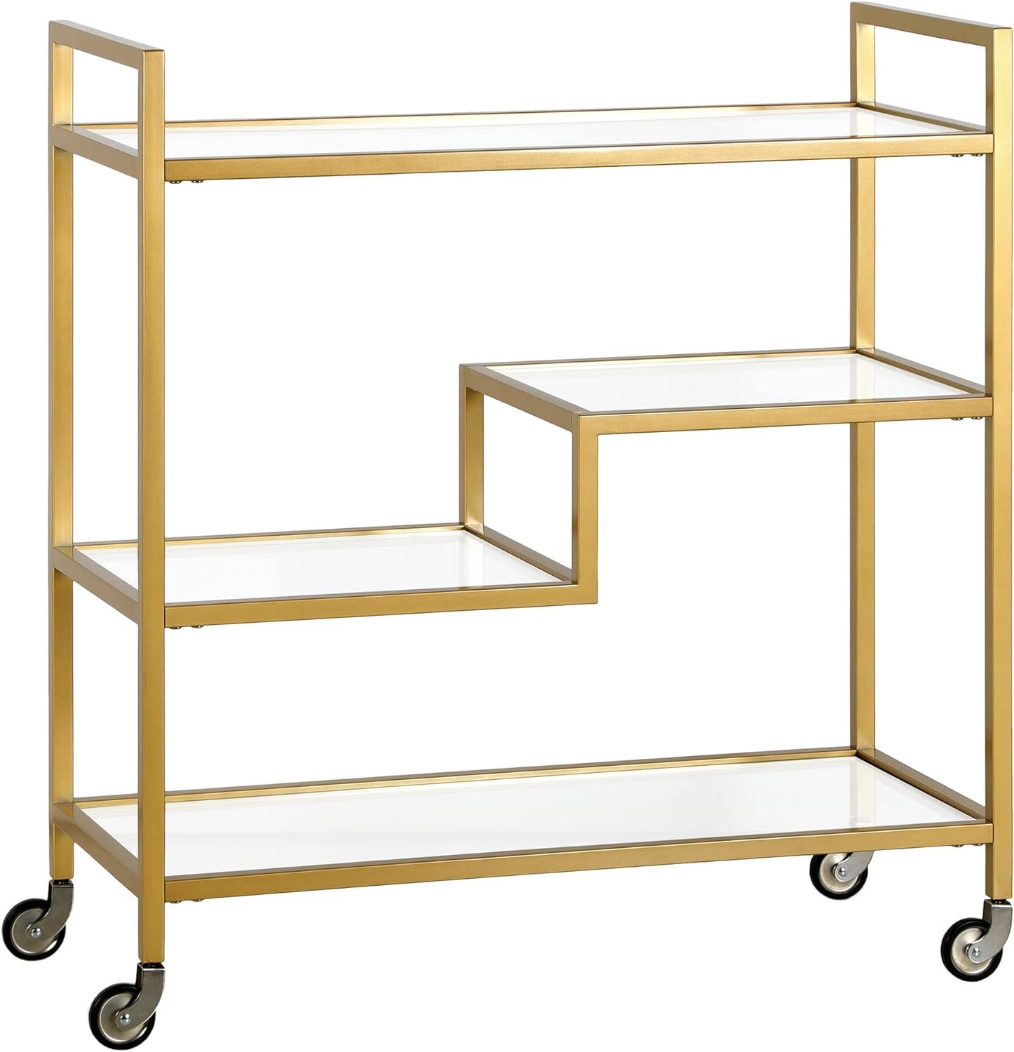 Gold Rectangular Bar Cart with Glass Shelves