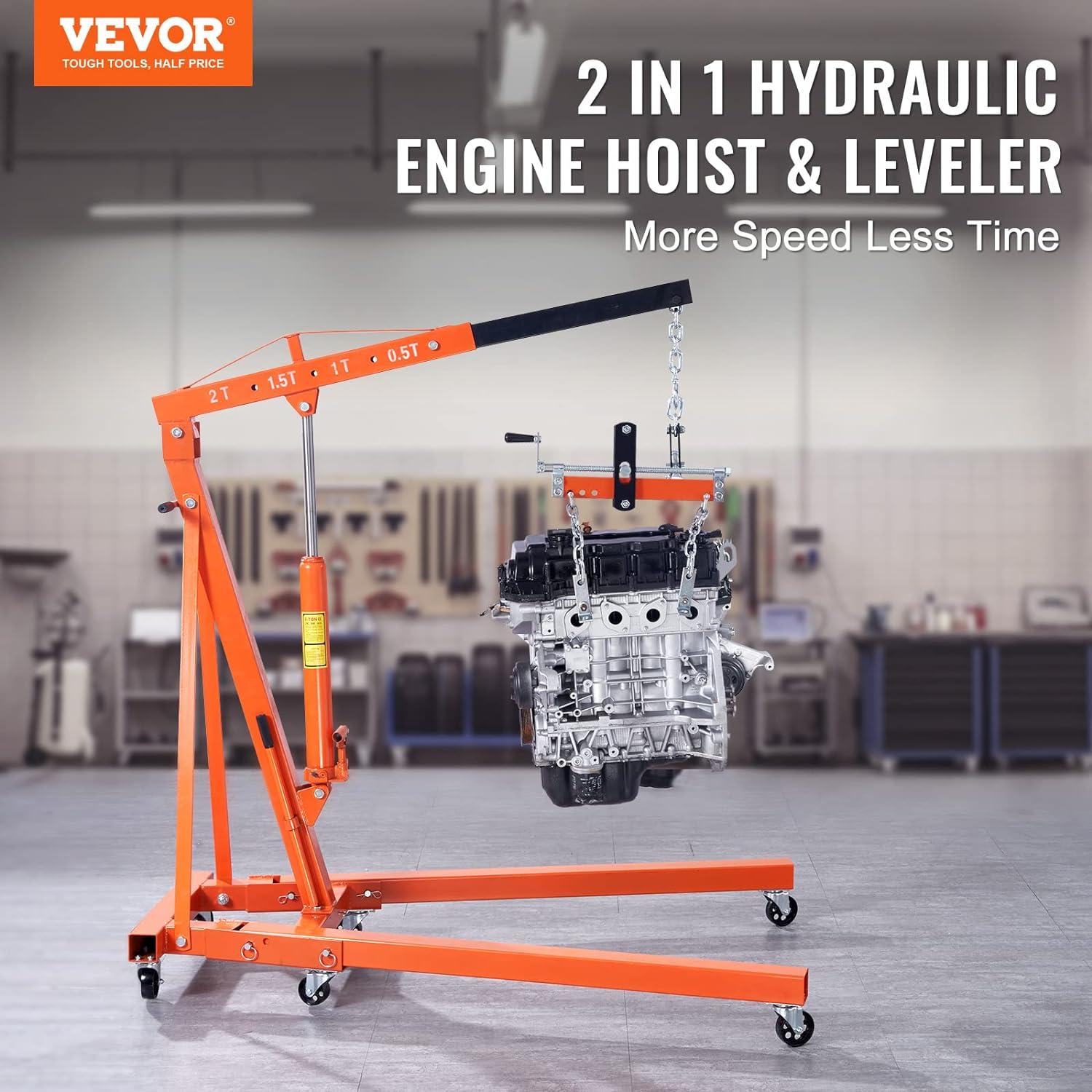 BENTISM 2T Folding Engine Crane Movable Engine Hoist with Load Leveler 4400 lbs/2 ton Heavy-Duty Cherry Picker Shop Crane Adjustable Boom Engine Crane
