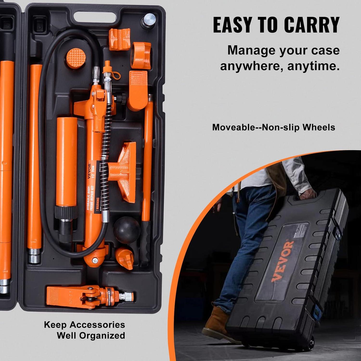12 Ton Porta Power Hydraulic Jack Kit 26455 Lbs. Load Body Repair Tool with 4.6 ft. Oil Hose Carry Case for Automotive