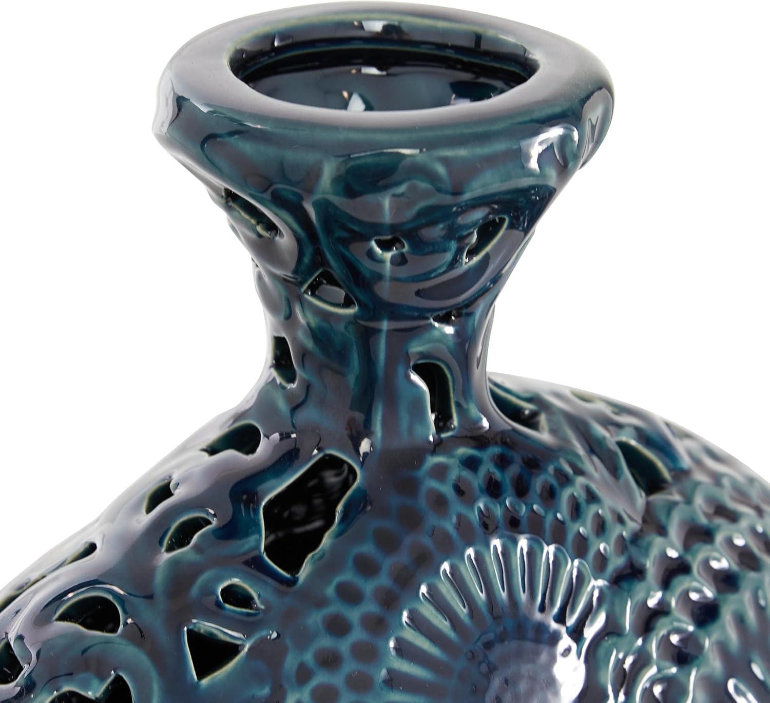 DecMode 16", 13"H Floral Blue Ceramic Vase with Cut Out Patterns, Set of 2