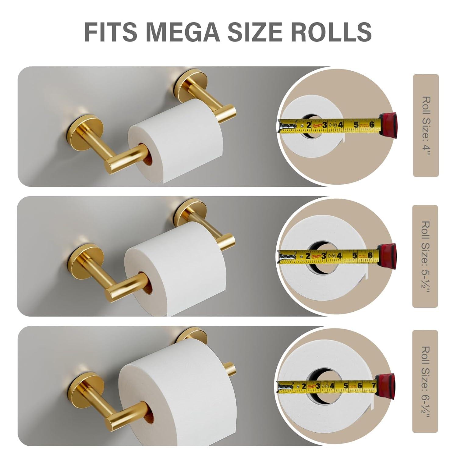MOGFCT Toilet Paper Holder Brushed Gold Wall Mounted, Double Post Pivoting Toilet Paper Holder SUS 304 Stainless Steel Bathroom