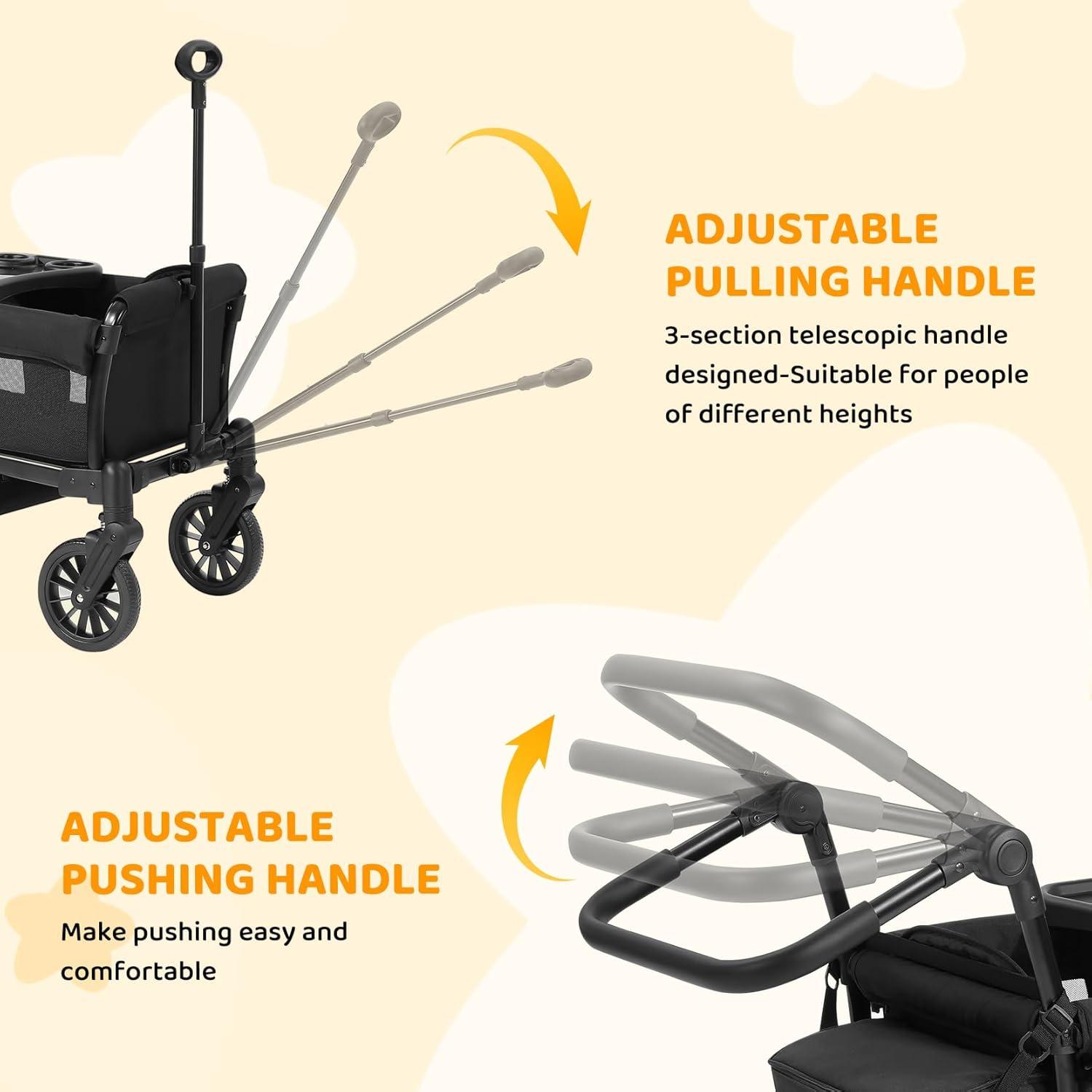 ELEMARA Stroller Wagon for 2 Kids, Foldable Wagon Stroller, Premium All Terrain Wagon for Kids, Kids Wagon Cart w/Removable Canopy, Adjustable Push/Pull Handle, Harnesses, Large Storage Bag, Black