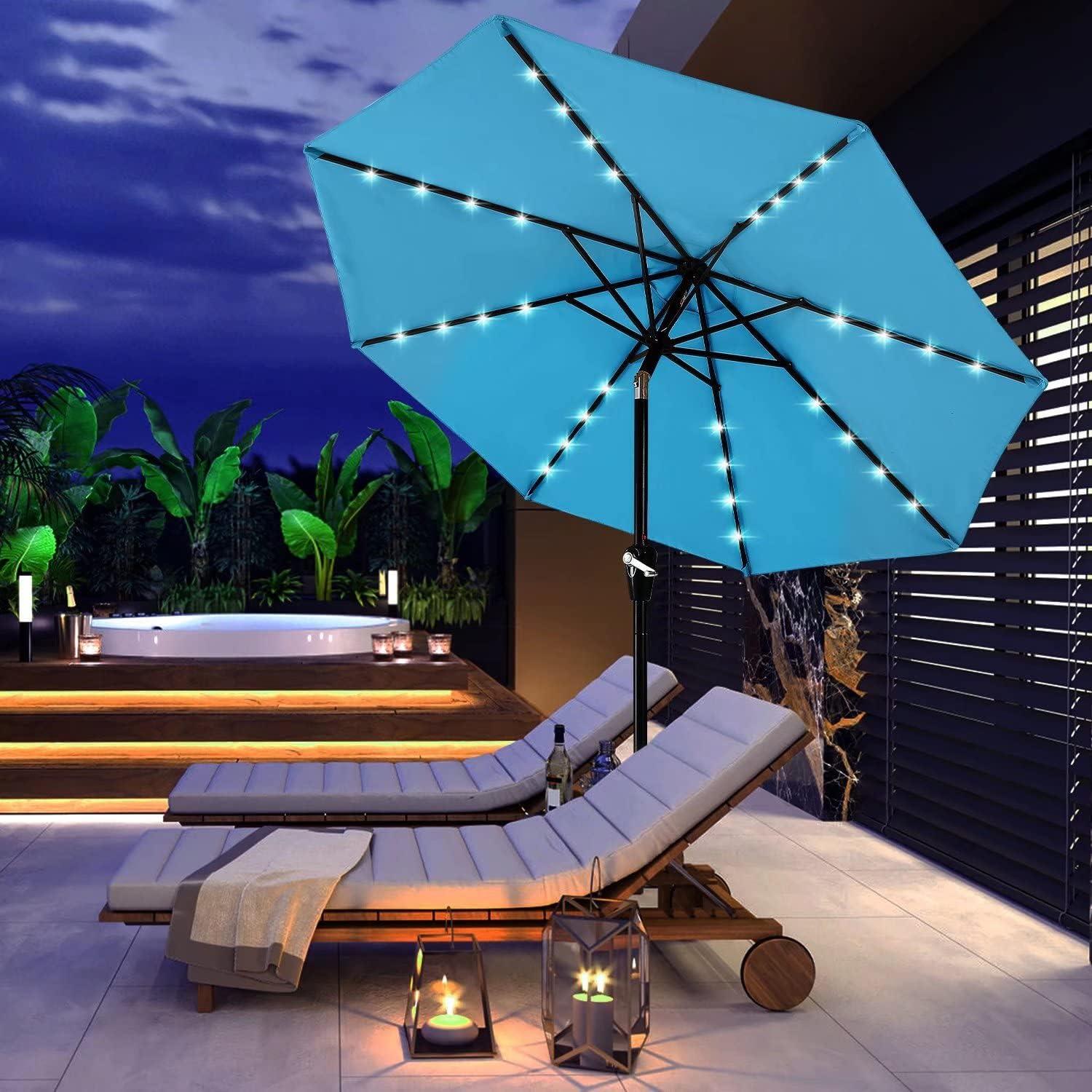 9FT Turquoise Solar LED Patio Umbrella with Tilt and Crank