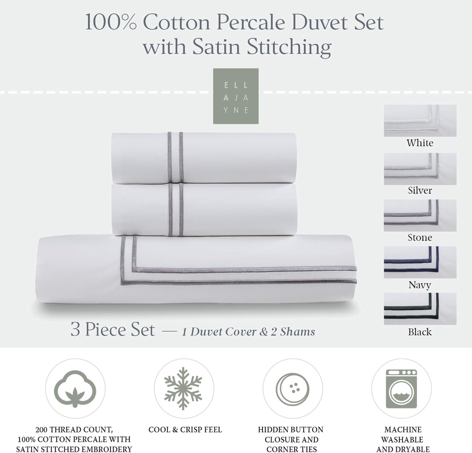 Ella Jayne 100% Cotton Percale 3 Piece Duvet Set with Satin Stitching