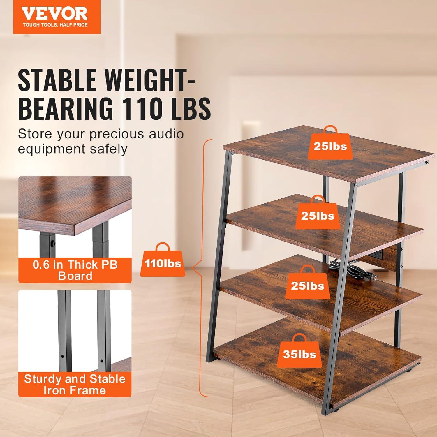 VEVOR 4-Tier AV Media Stand with Power Strips, Corner TV Stand with LED Lights, Height Adjustable Wooden Shelves