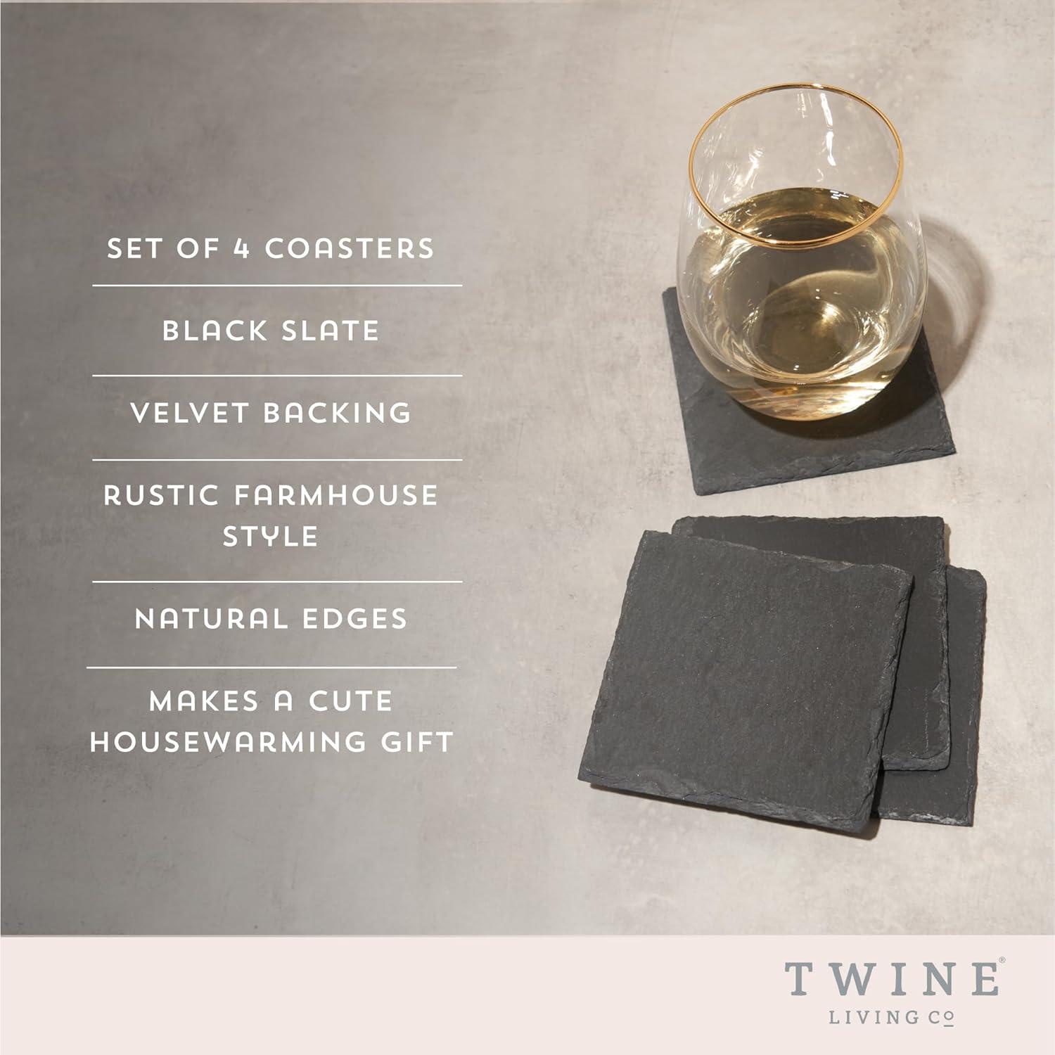 Twine Square Slate Coasters, Modern Square Coasters, Slate with Velvet Backing, Protect Tables and Surfaces, Black, Set of 4