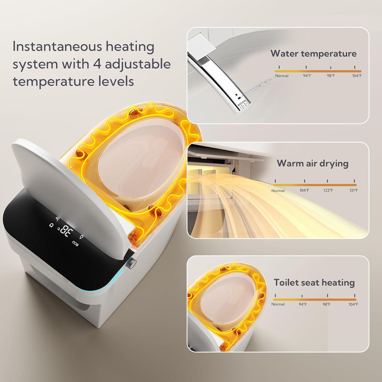Luxury Smart Toilet with Bidet Built In Bidet Toilet Heated Seat, Foot Sensor,Warm water and Air Dryer,Voice Control, 1.28 GPF Powerful Auto Flush, Instant Hot Water and Ambient Lighting-White