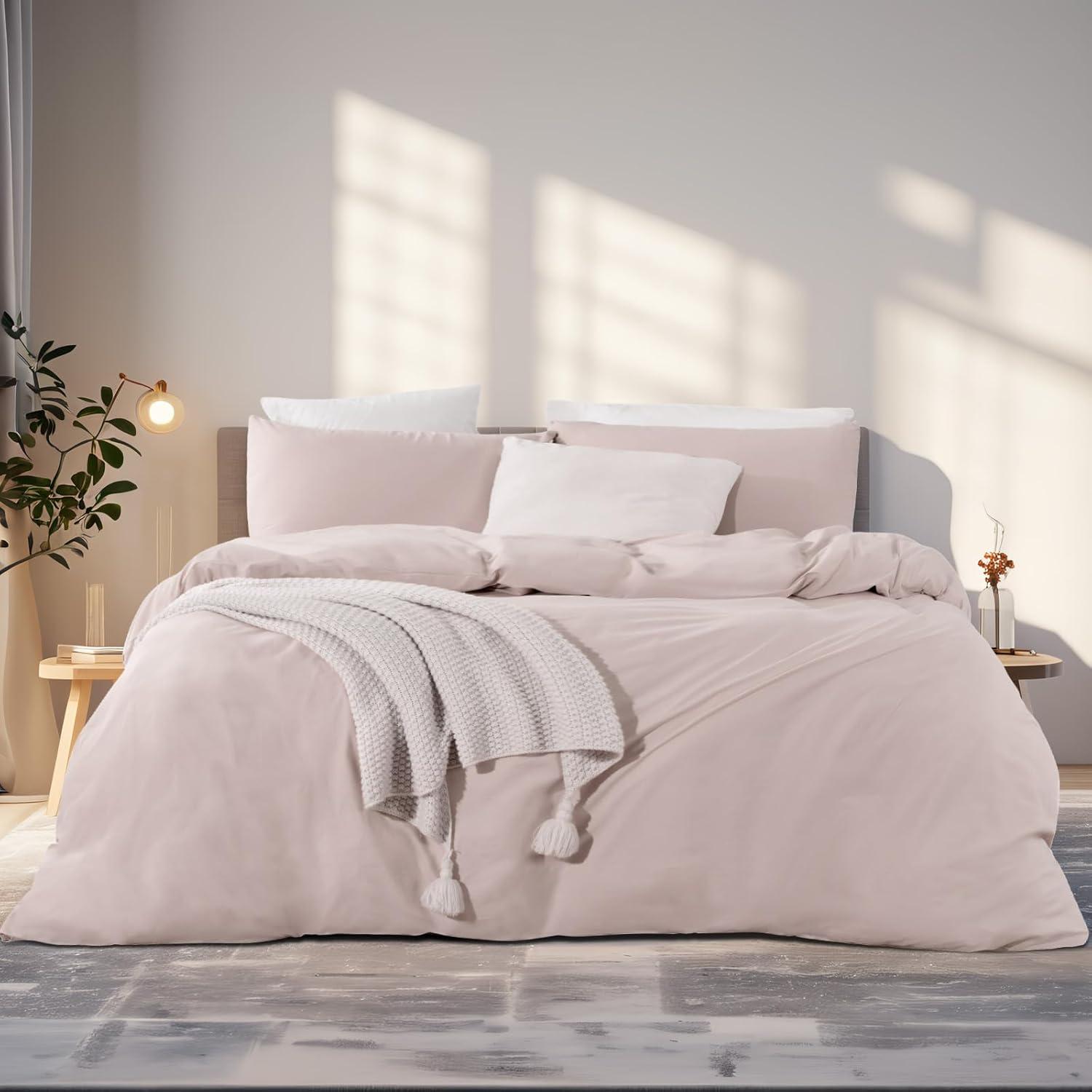 NEXHOME PRO Duvet Cover Set 100% Washed Cotton Oversized Queen 98"x98", Organic Natural Linen Look Textured 3 Pieces Bedding Set Apricot Yellow with Zipper Closure, Breathable, Soft (No Comforter)