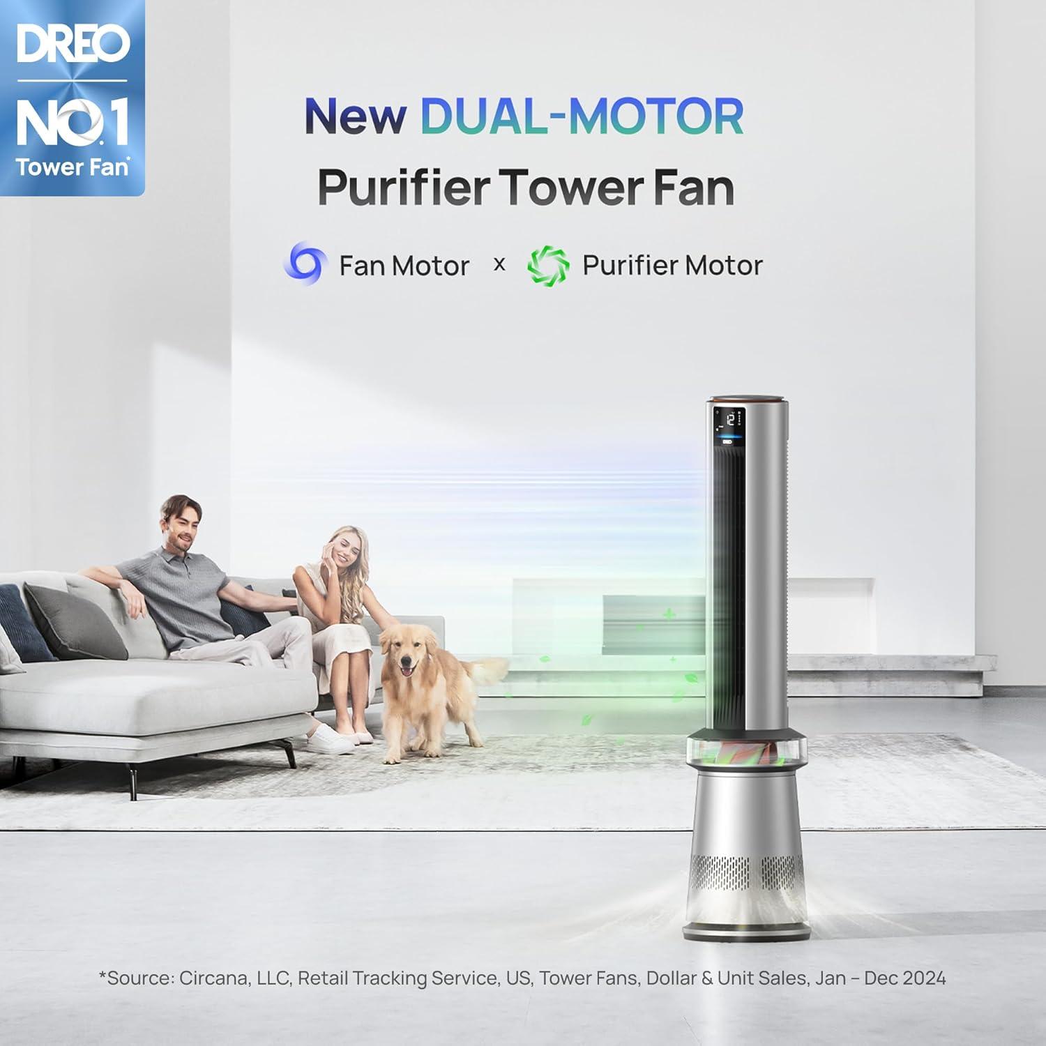 Air Purifier Tower Fan, 45 in. 2-in-1 Smart Fan, 27ft/s Velocity, 120°Oscillation, 24 H Timer, 25dB Low Noise, Silver
