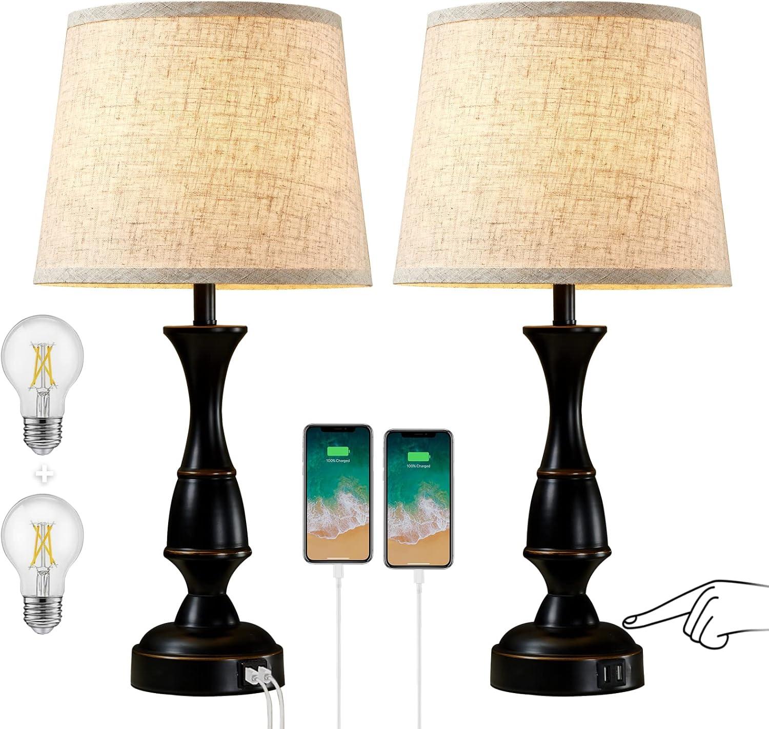 GyroVu Vintage Bedside Lamp Set of 2,Farmhouse Table Lamp Touch Control 3-Way Dimmable End Table Lamp with 2 USB Port, Desk Lamp Modern Nightstand Lamp for Living Room Bedroom Hotel Office